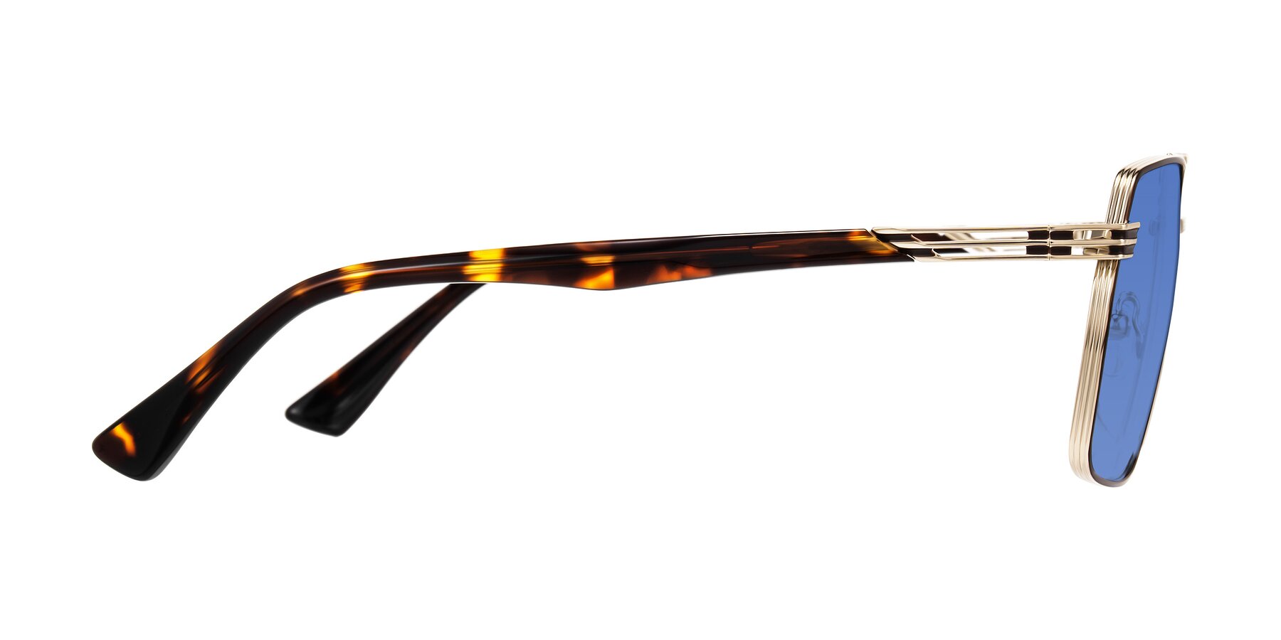 Side of Nasuma in Gold/Tortoise with Blue Tinted Lenses