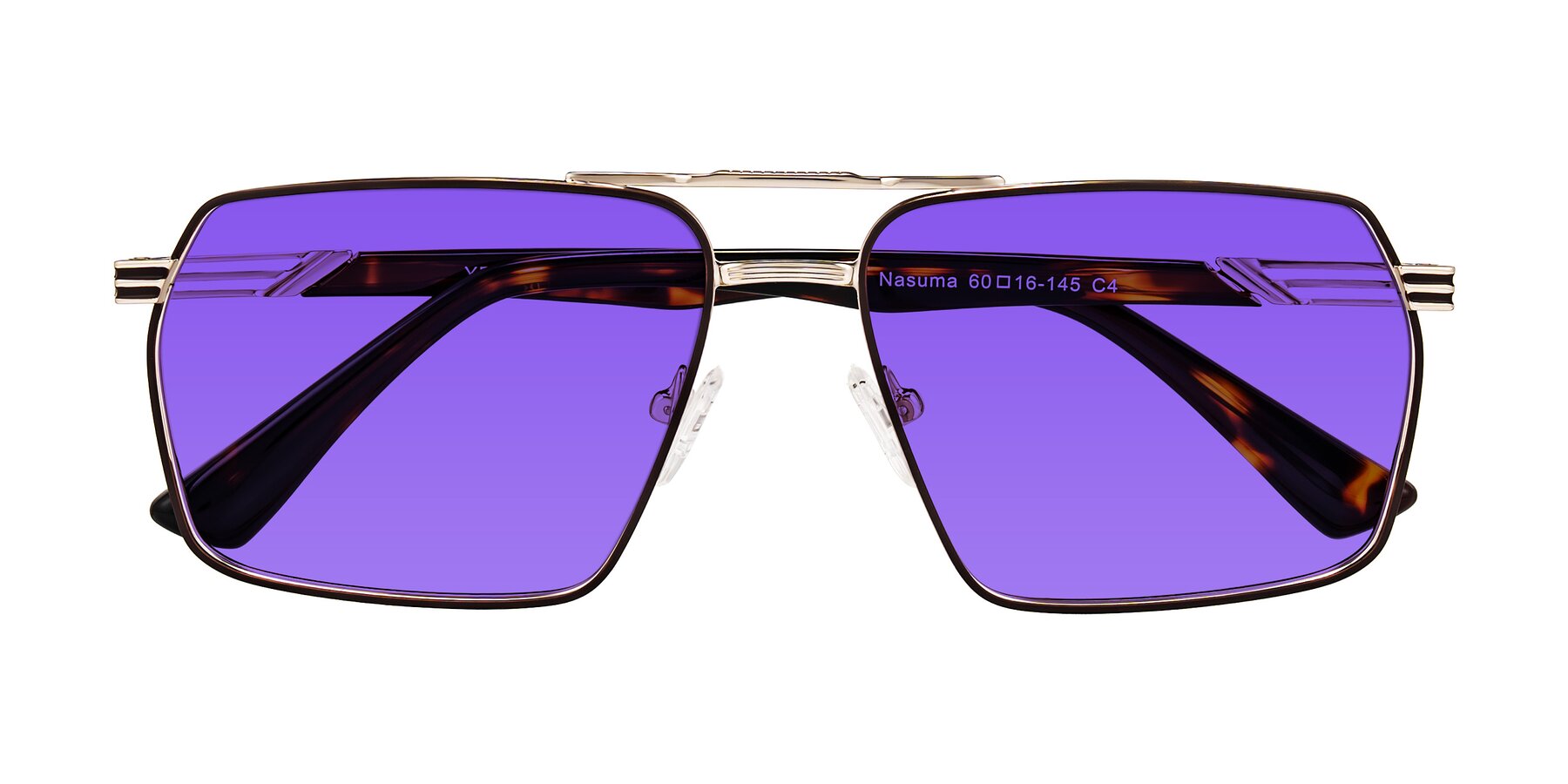 Folded Front of Nasuma in Gold/Tortoise with Purple Tinted Lenses