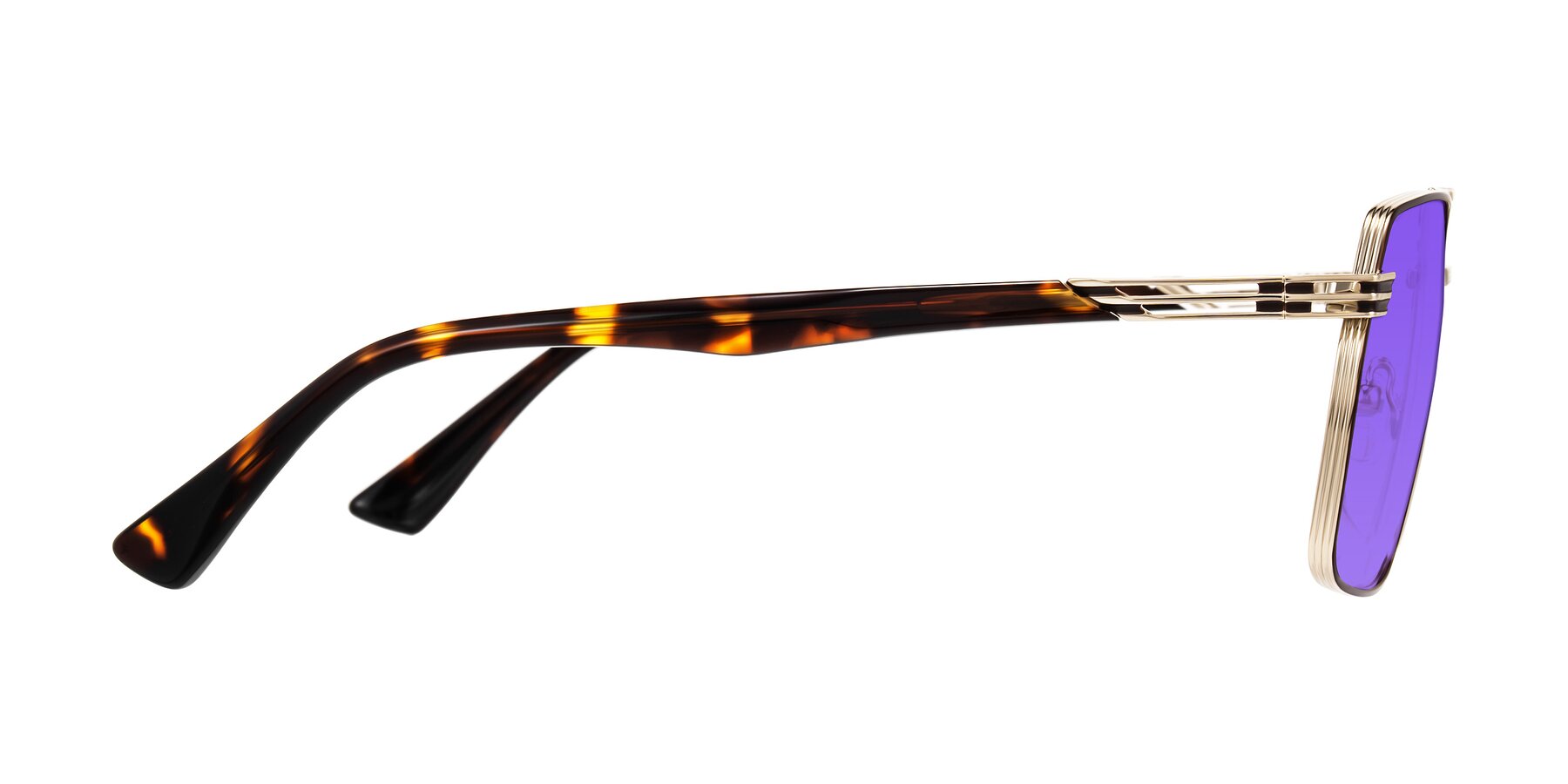 Side of Nasuma in Gold/Tortoise with Purple Tinted Lenses