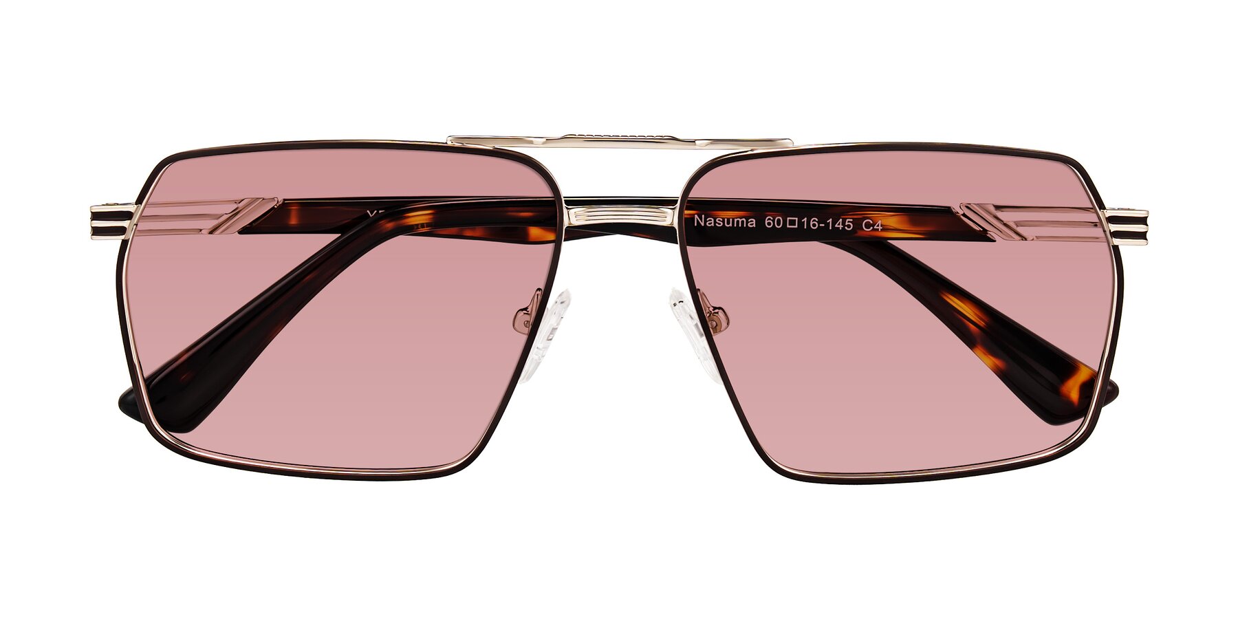 Folded Front of Nasuma in Gold/Tortoise with Medium Garnet Tinted Lenses