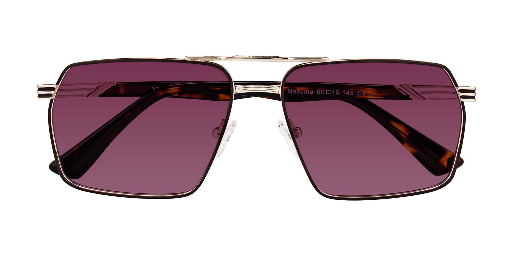 Folded Front of Nasuma in Gold/Tortoise with Wine Tinted Lenses