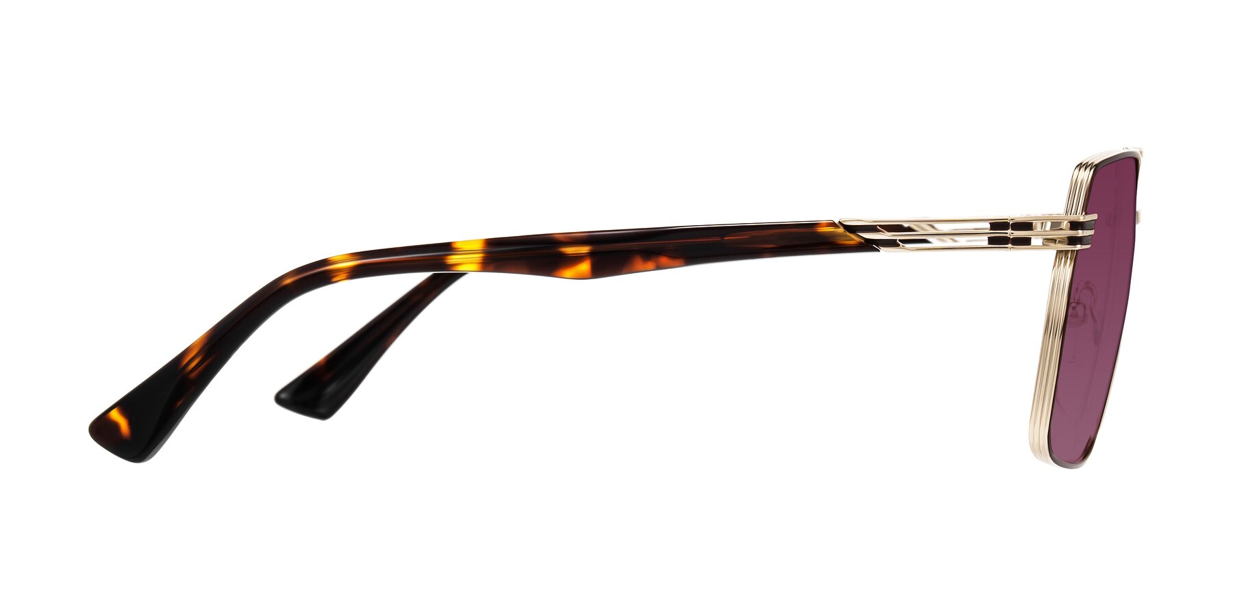 Side of Nasuma in Gold/Tortoise with Wine Tinted Lenses