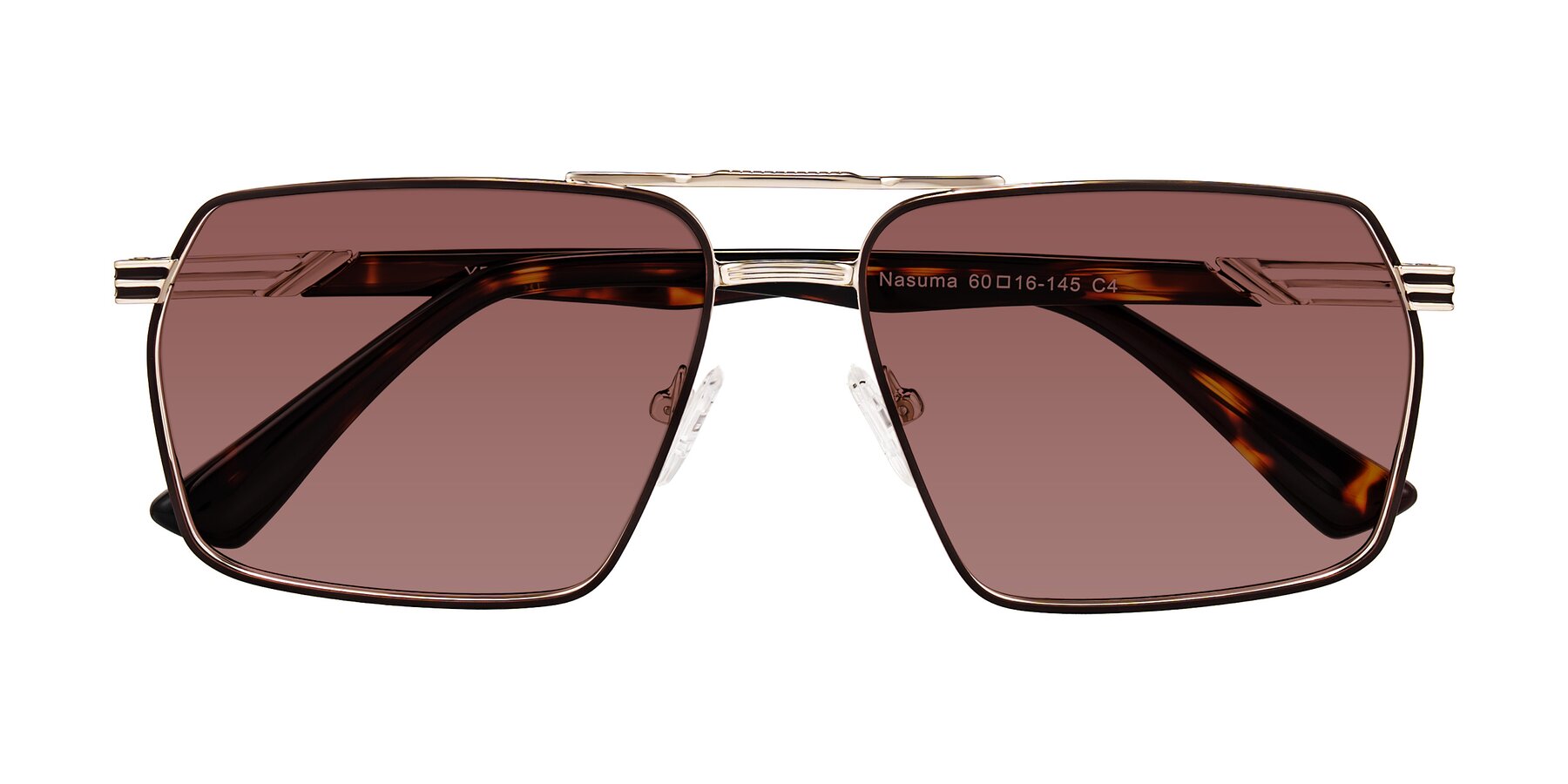 Folded Front of Nasuma in Gold/Tortoise with Garnet Tinted Lenses