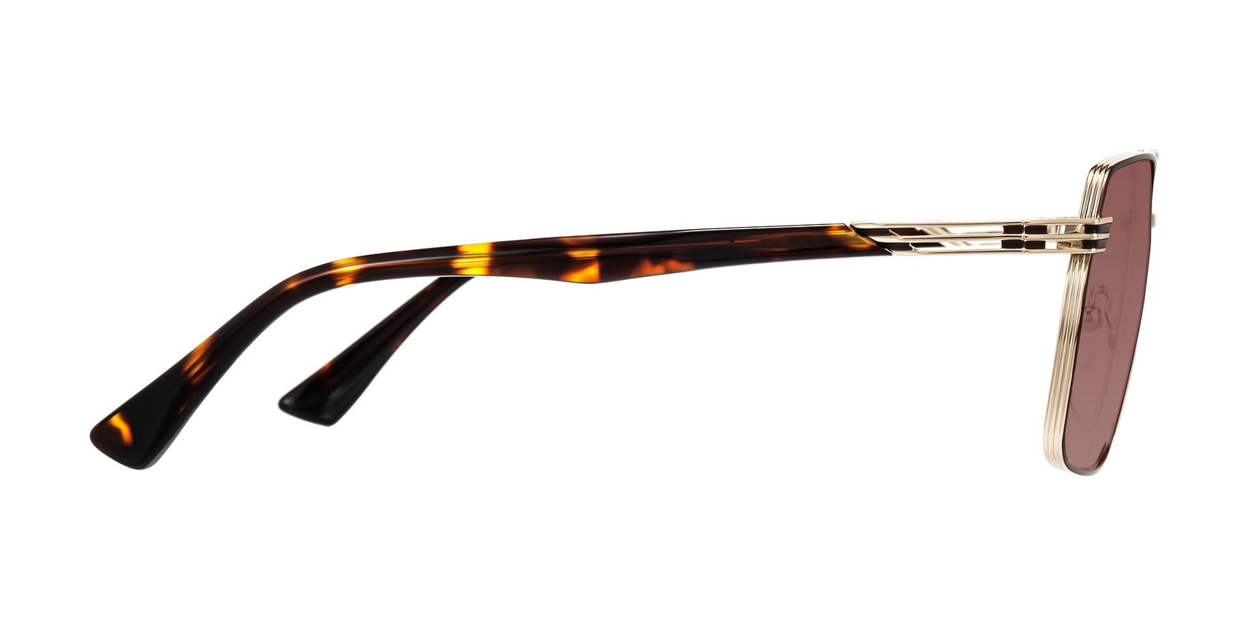 Side of Nasuma in Gold/Tortoise with Garnet Tinted Lenses