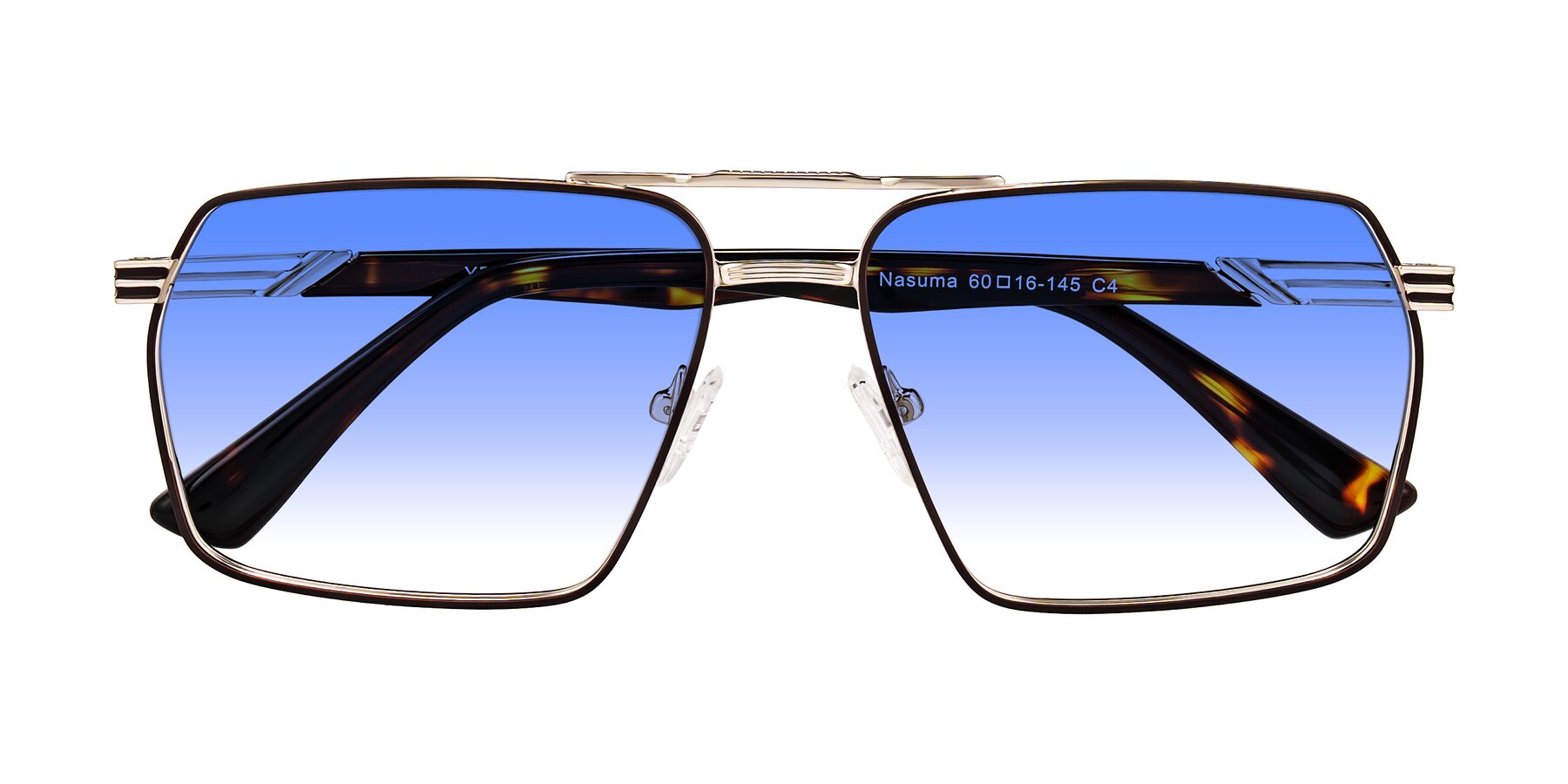 Folded Front of Nasuma in Gold/Tortoise with Blue Gradient Lenses
