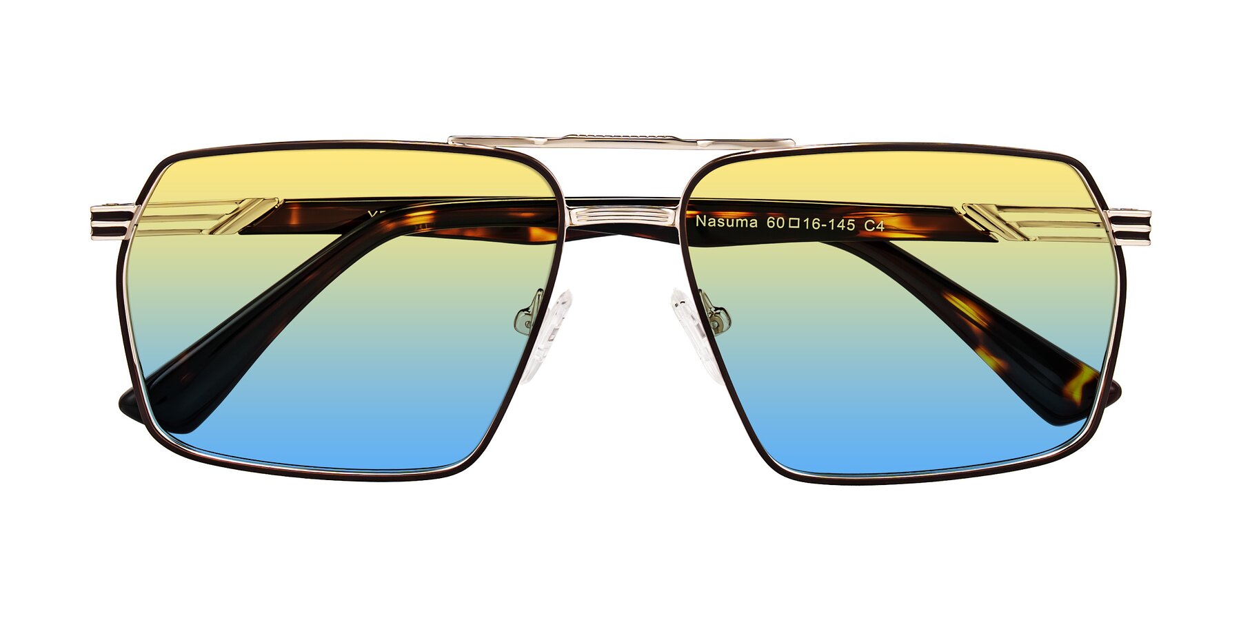 Folded Front of Nasuma in Gold/Tortoise with Yellow / Blue Gradient Lenses