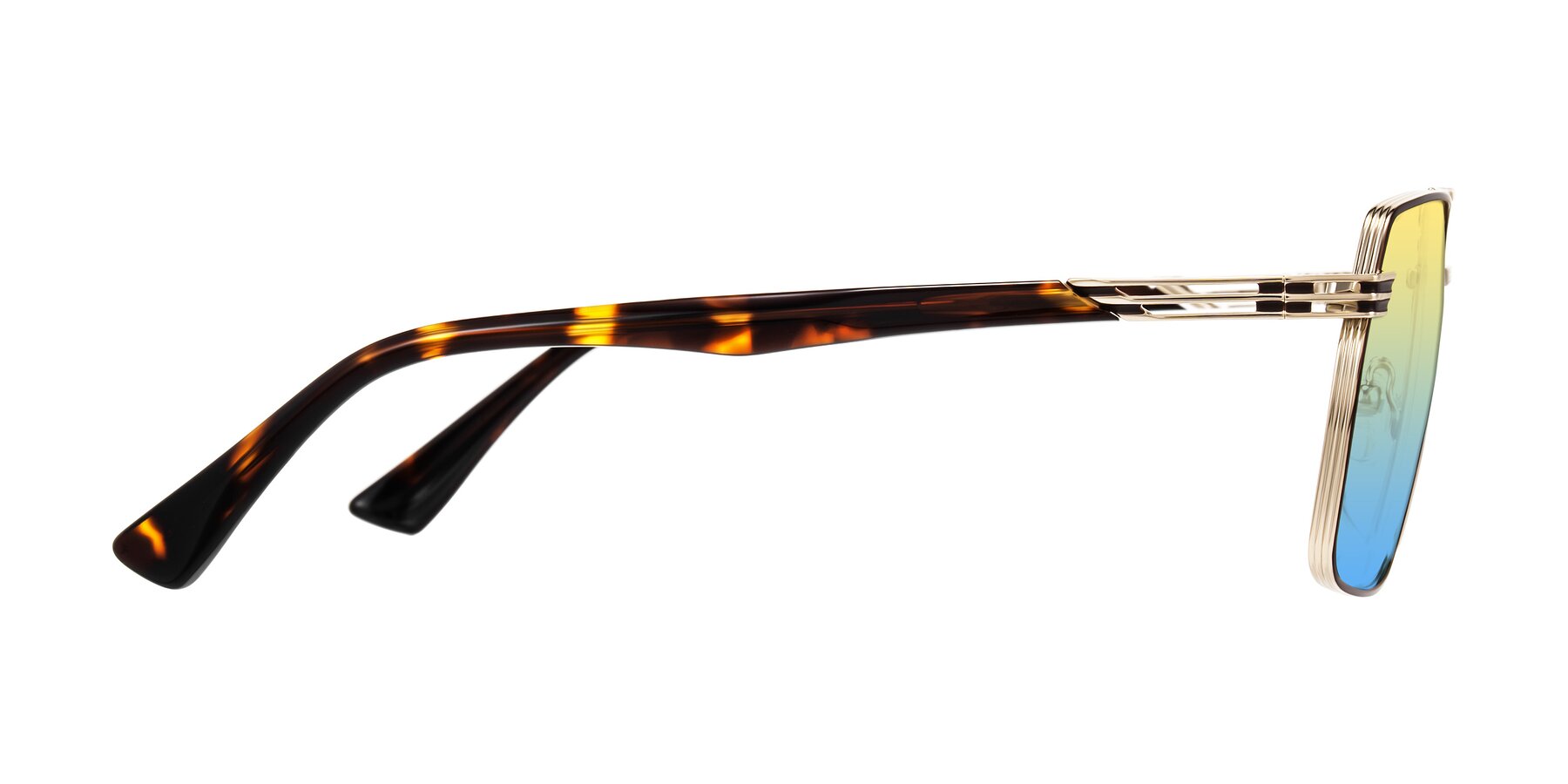 Side of Nasuma in Gold/Tortoise with Yellow / Blue Gradient Lenses