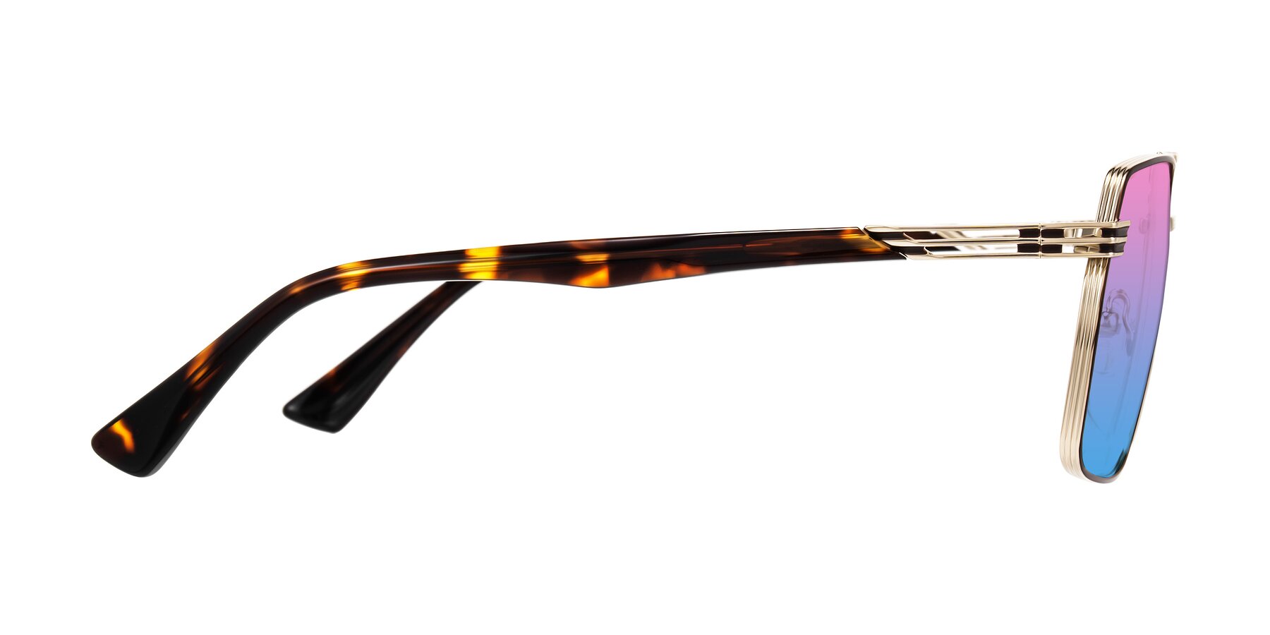 Side of Nasuma in Gold/Tortoise with Pink / Blue Gradient Lenses