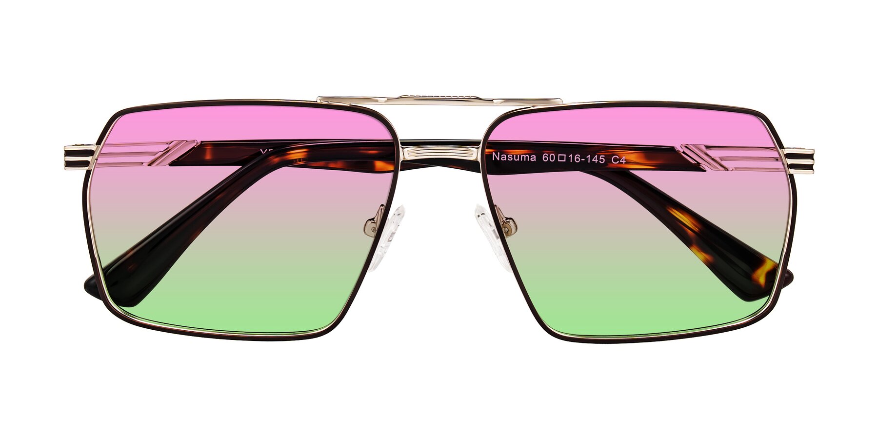 Folded Front of Nasuma in Gold/Tortoise with Pink / Green Gradient Lenses
