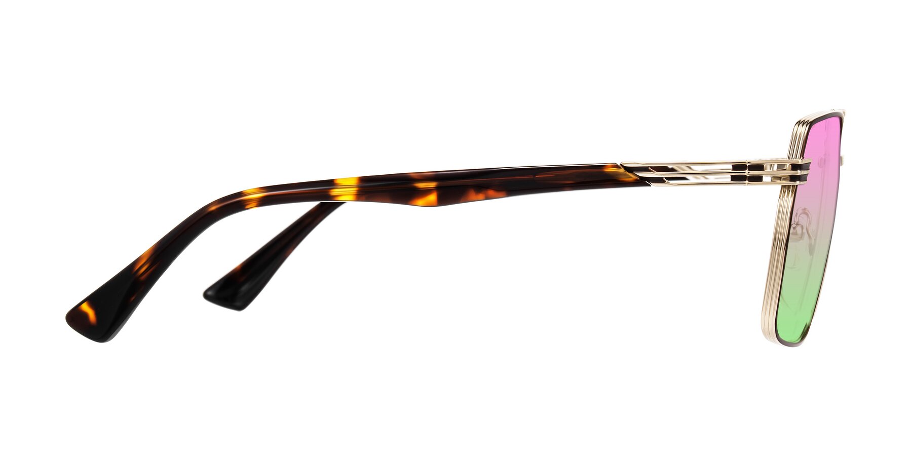 Side of Nasuma in Gold/Tortoise with Pink / Green Gradient Lenses