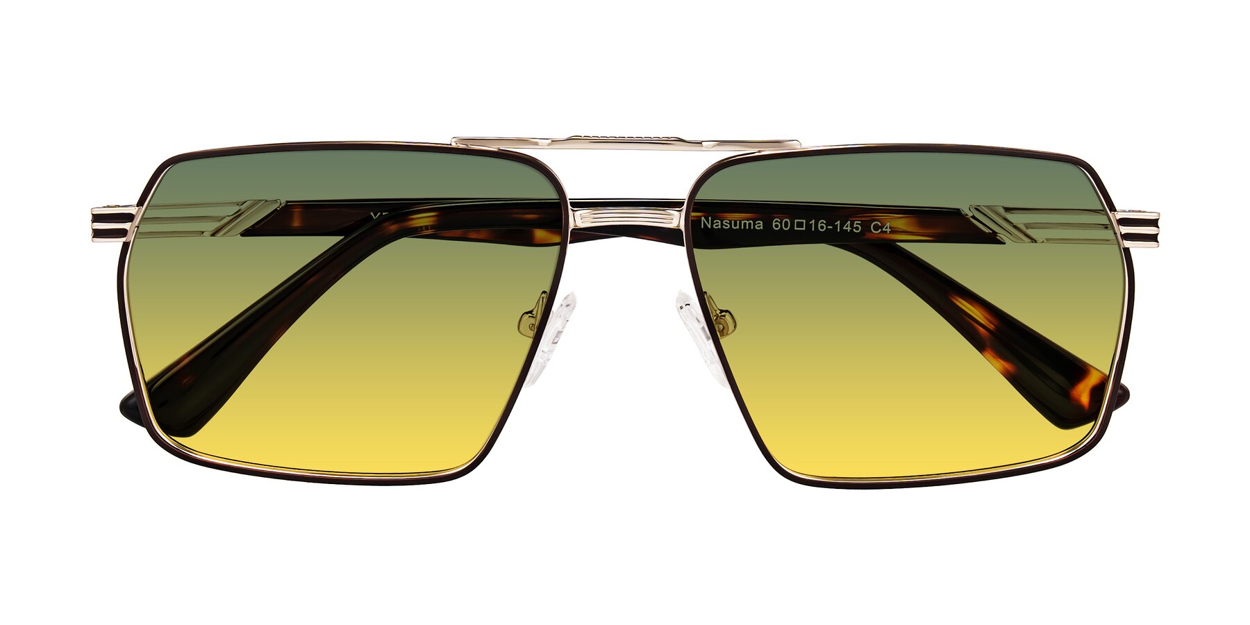 Folded Front of Nasuma in Gold/Tortoise with Green / Yellow Gradient Lenses