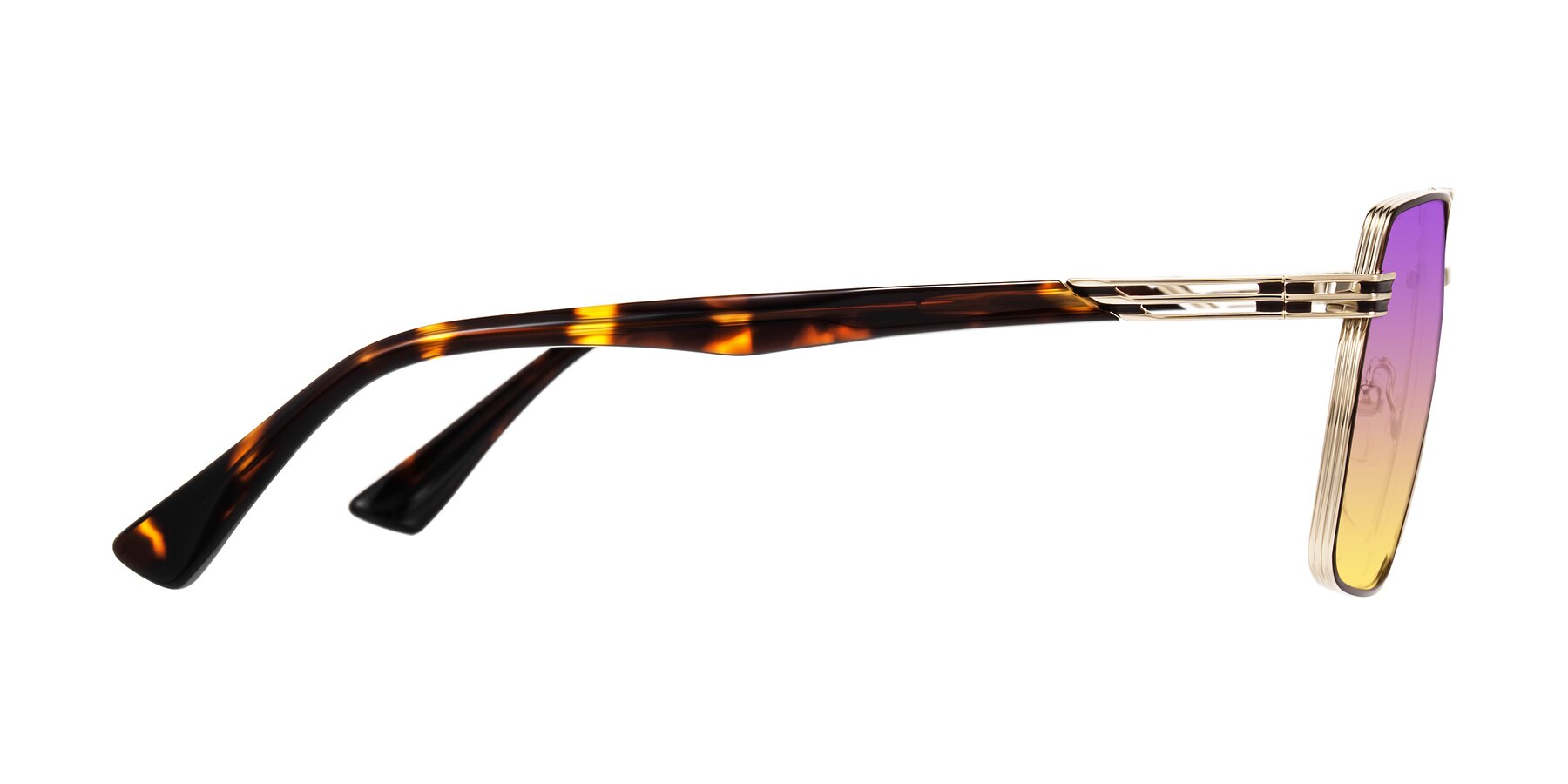 Side of Nasuma in Gold/Tortoise with Purple / Yellow Gradient Lenses