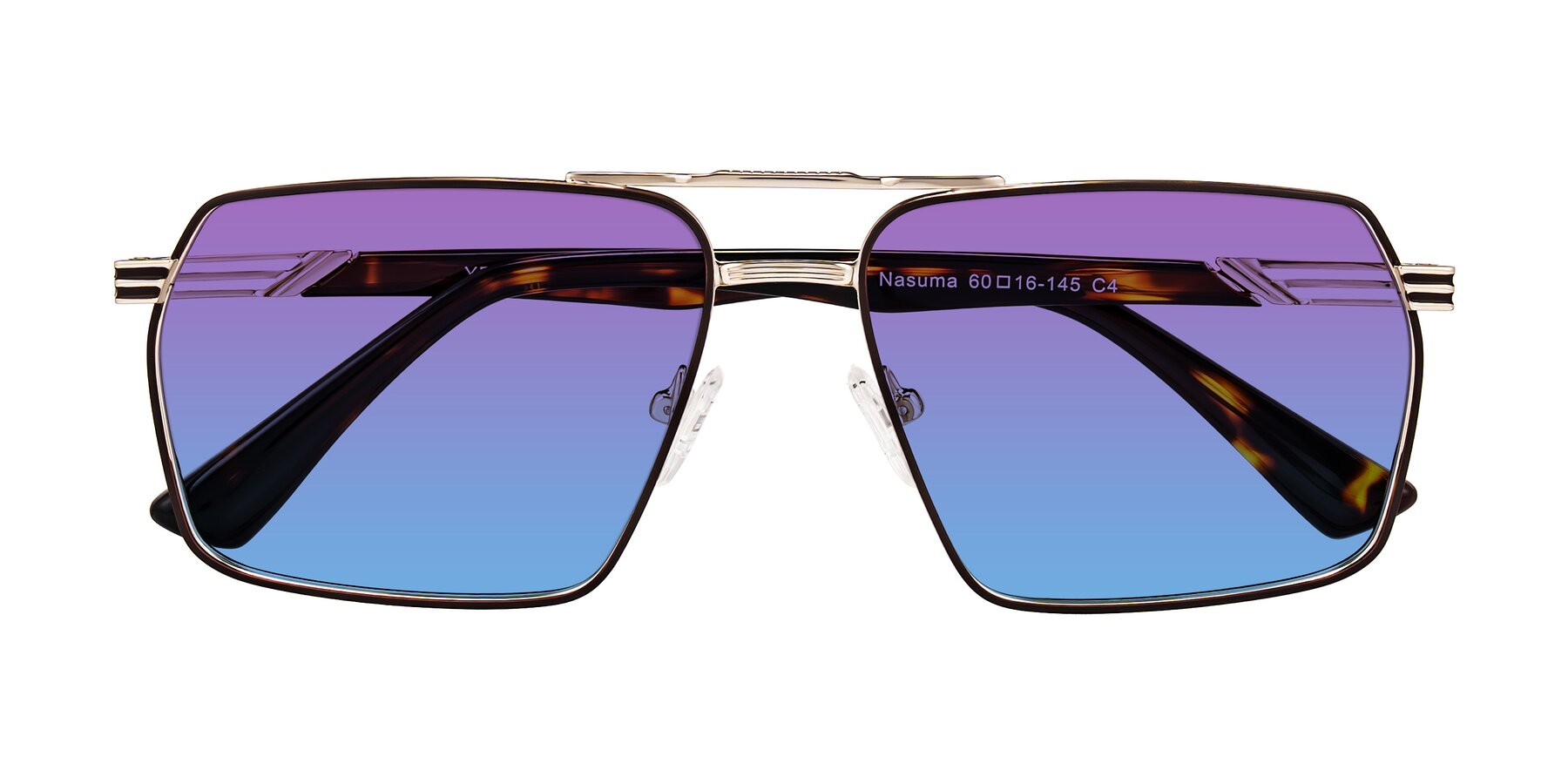 Folded Front of Nasuma in Gold/Tortoise with Purple / Blue Gradient Lenses
