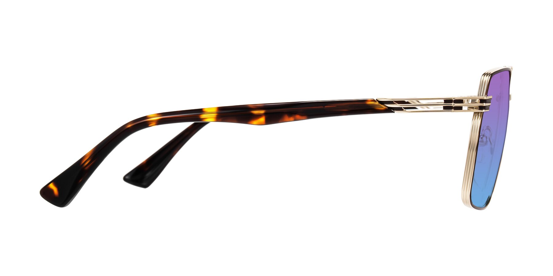 Side of Nasuma in Gold/Tortoise with Purple / Blue Gradient Lenses