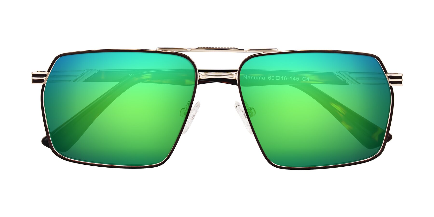 Folded Front of Nasuma in Gold/Tortoise with Green Mirrored Lenses