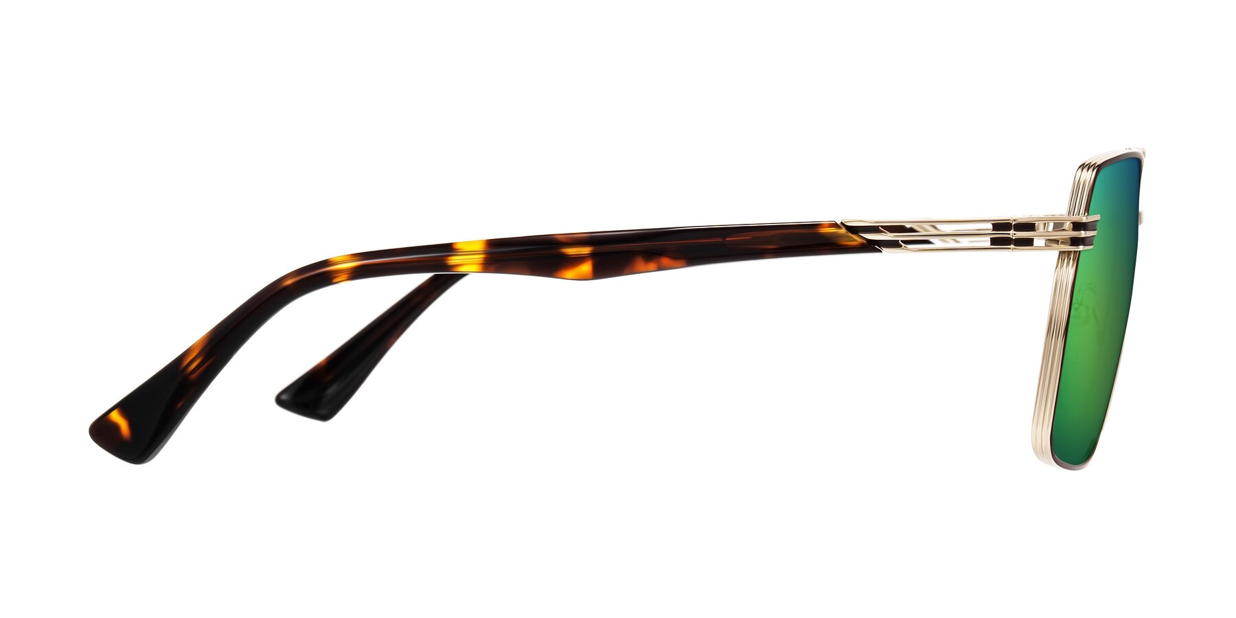 Side of Nasuma in Gold/Tortoise with Green Mirrored Lenses