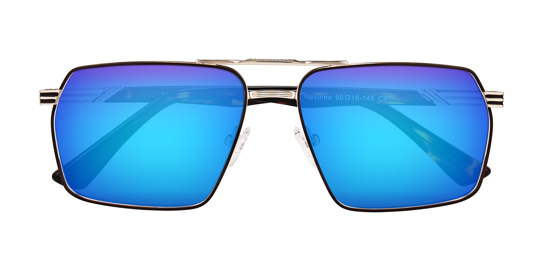 Folded Front of Nasuma in Gold/Tortoise with Blue Mirrored Lenses
