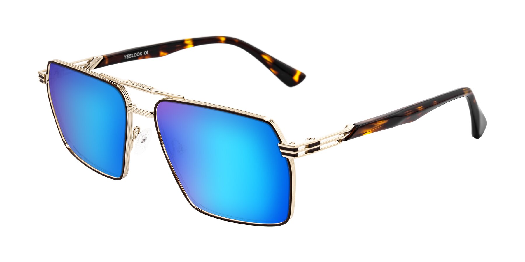 Angle of Nasuma in Gold/Tortoise with Blue Mirrored Lenses
