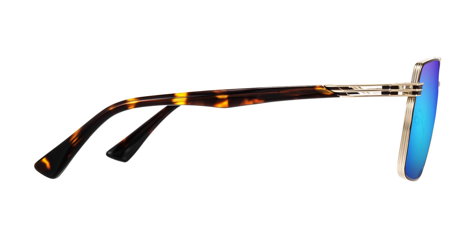 Side of Nasuma in Gold/Tortoise with Blue Mirrored Lenses