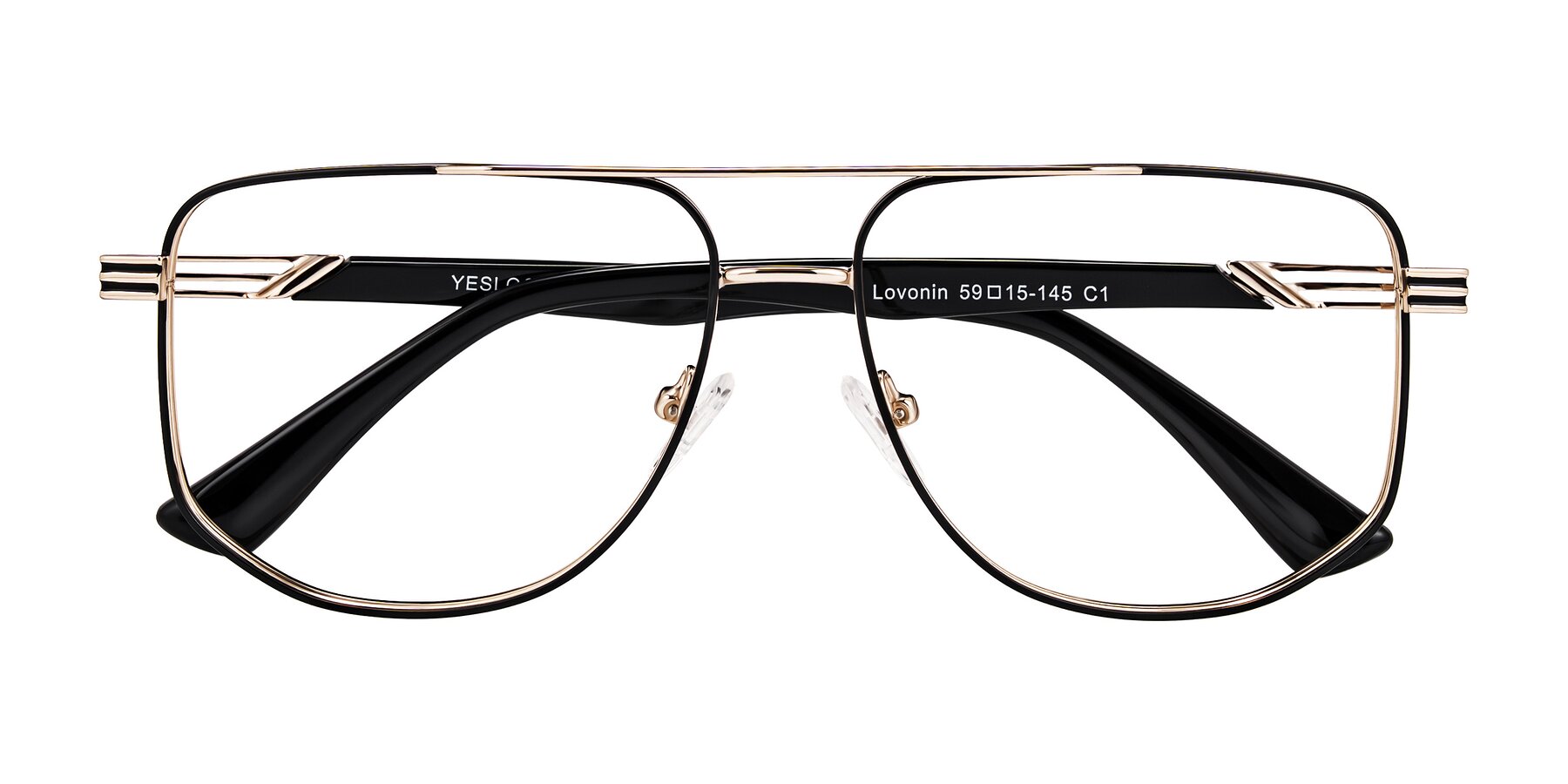 Folded Front of Lovonin in Gold/Black with Clear Eyeglass Lenses