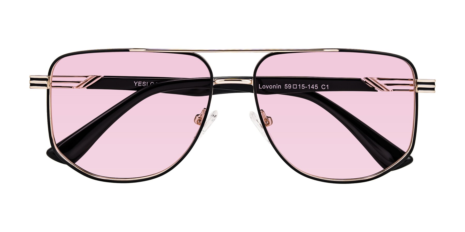 Folded Front of Lovonin in Gold/Black with Light Pink Tinted Lenses