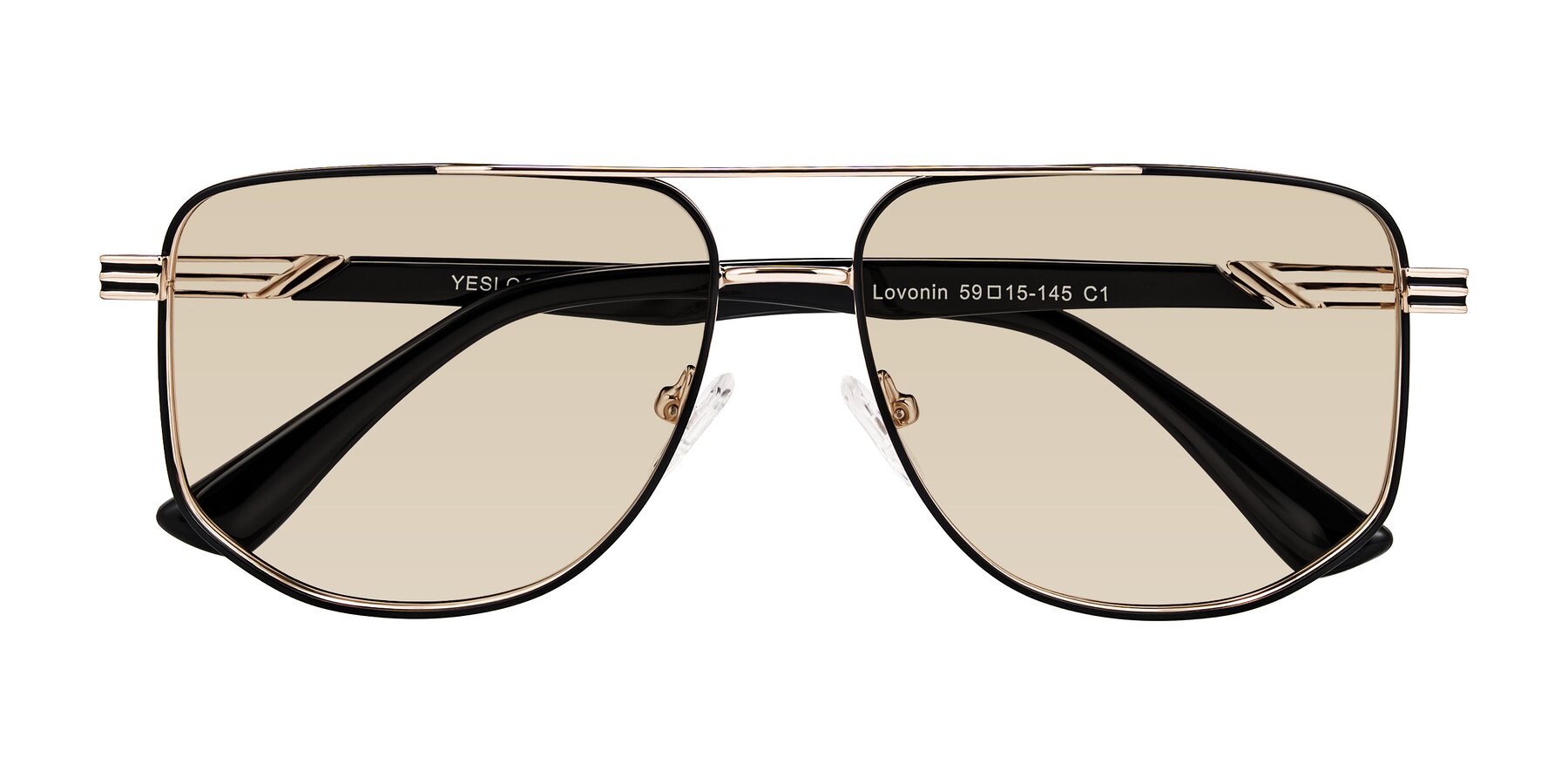 Folded Front of Lovonin in Gold/Black with Light Brown Tinted Lenses