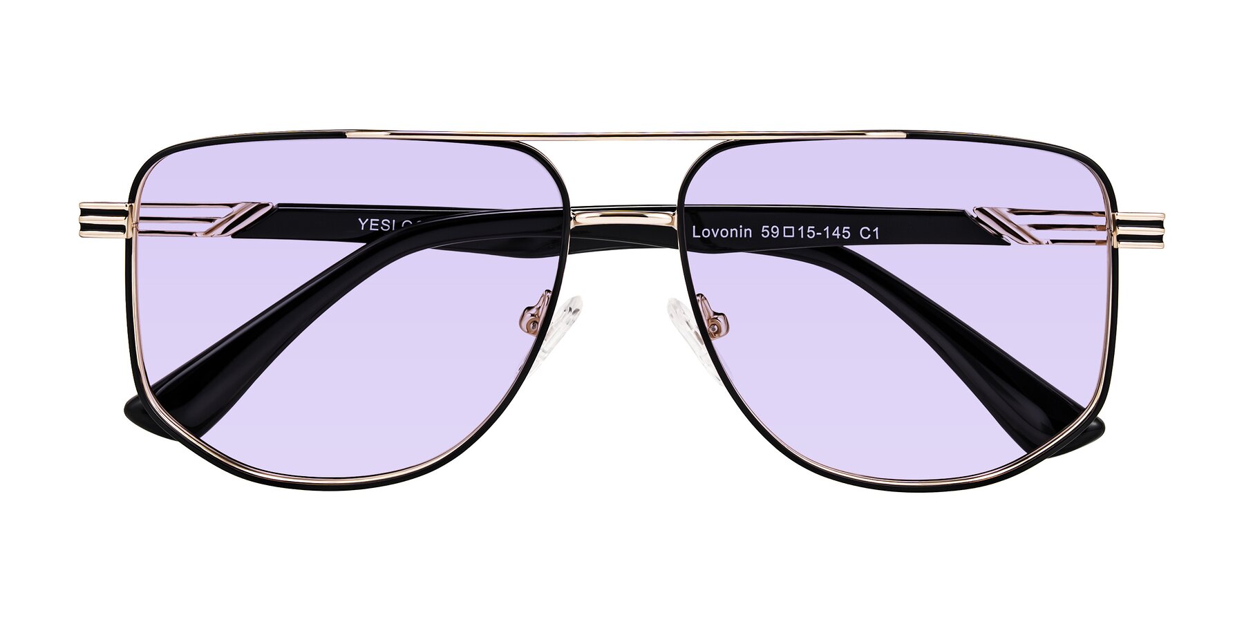 Folded Front of Lovonin in Gold/Black with Light Purple Tinted Lenses