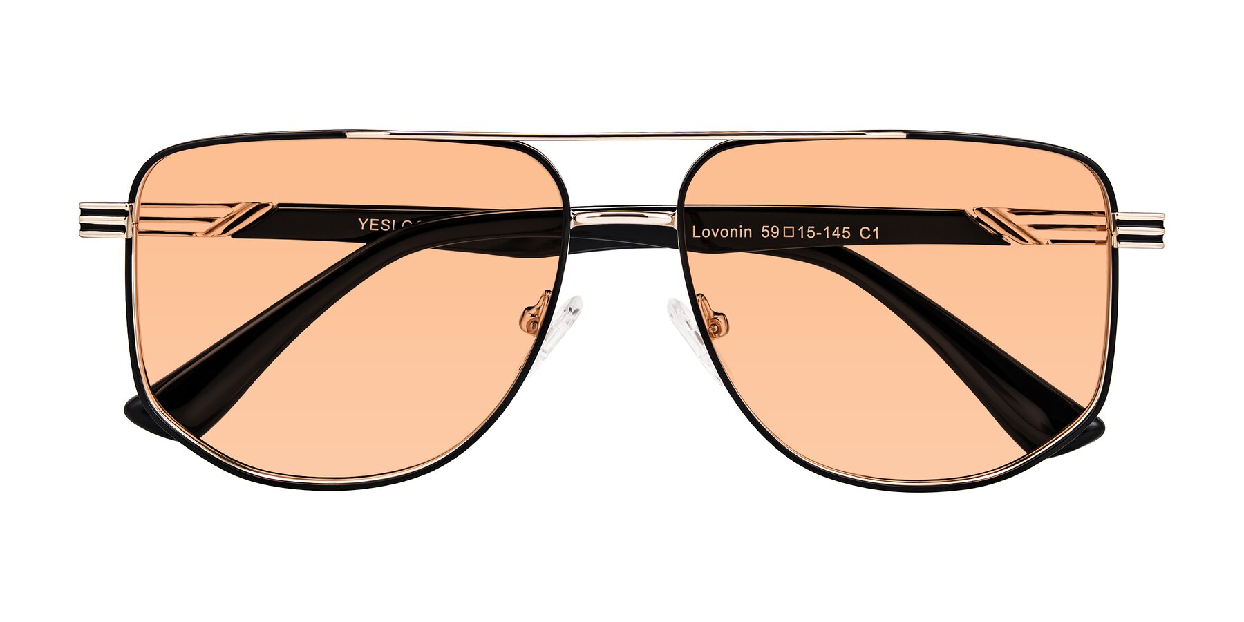 Folded Front of Lovonin in Gold/Black with Light Orange Tinted Lenses