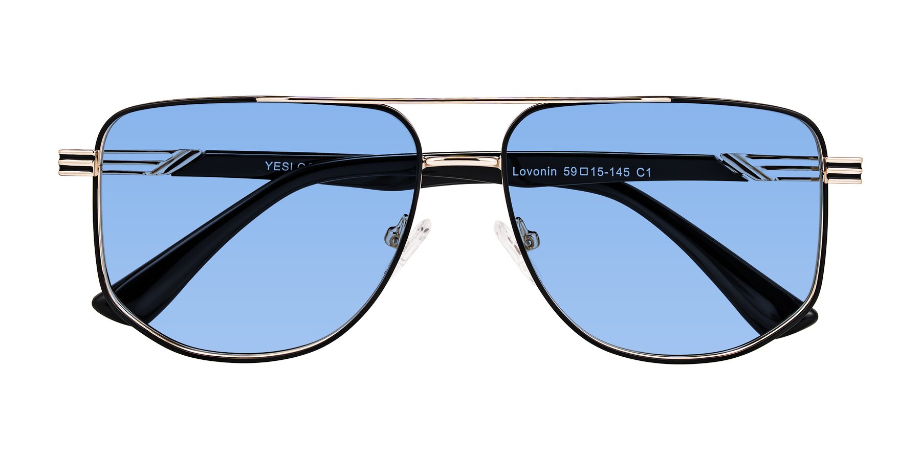 Folded Front of Lovonin in Gold/Black with Medium Blue Tinted Lenses