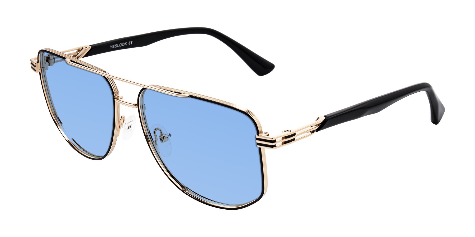 Angle of Lovonin in Gold/Black with Medium Blue Tinted Lenses