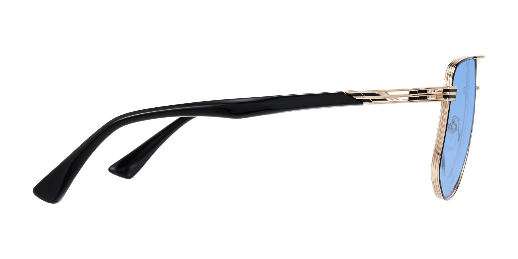 Side of Lovonin in Gold/Black with Medium Blue Tinted Lenses