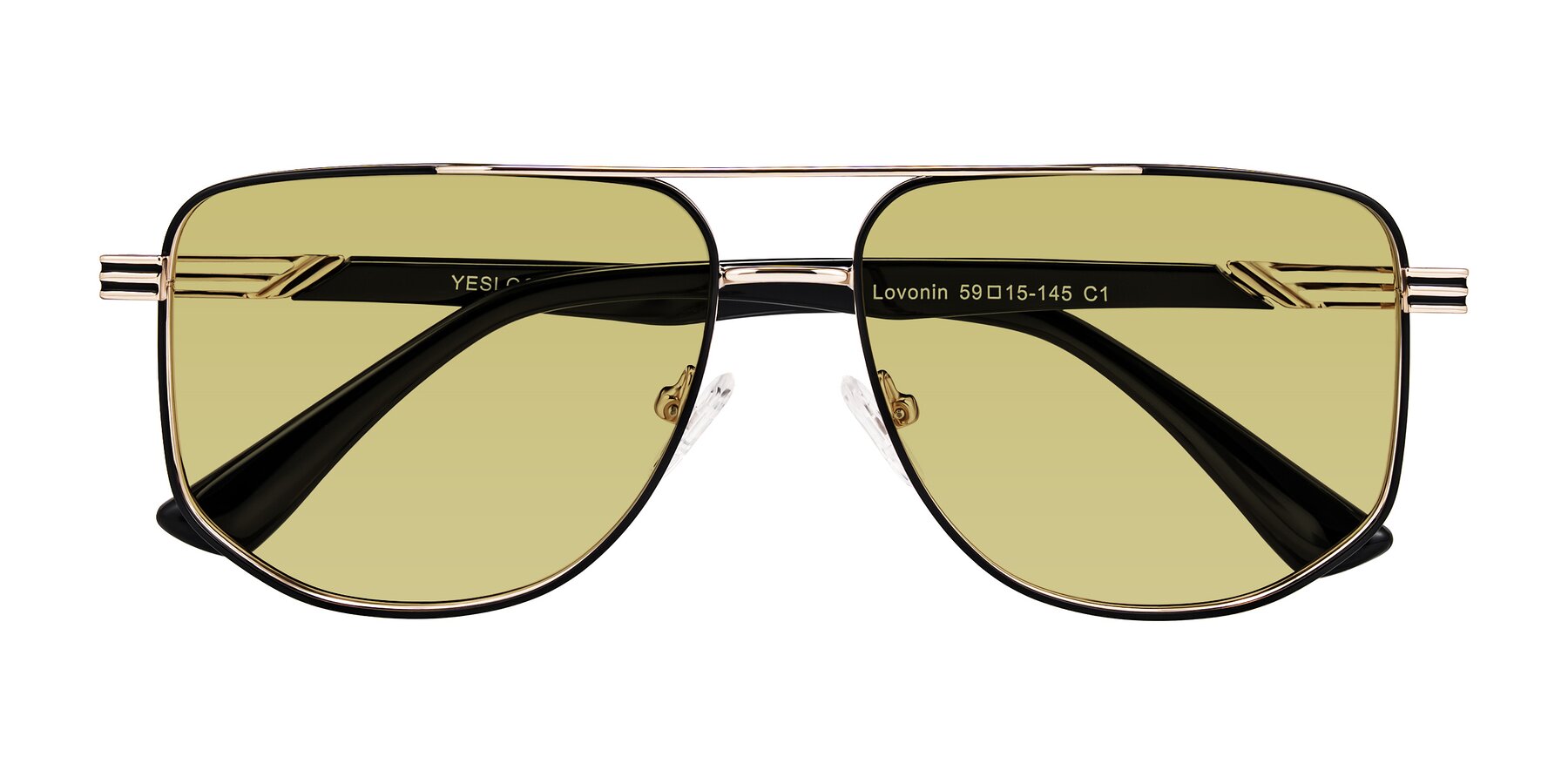 Folded Front of Lovonin in Gold/Black with Medium Champagne Tinted Lenses