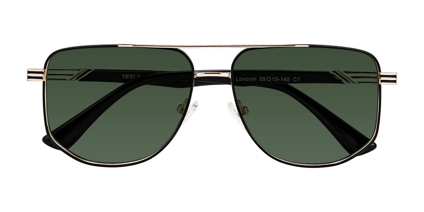 Folded Front of Lovonin in Gold/Black with Green Tinted Lenses