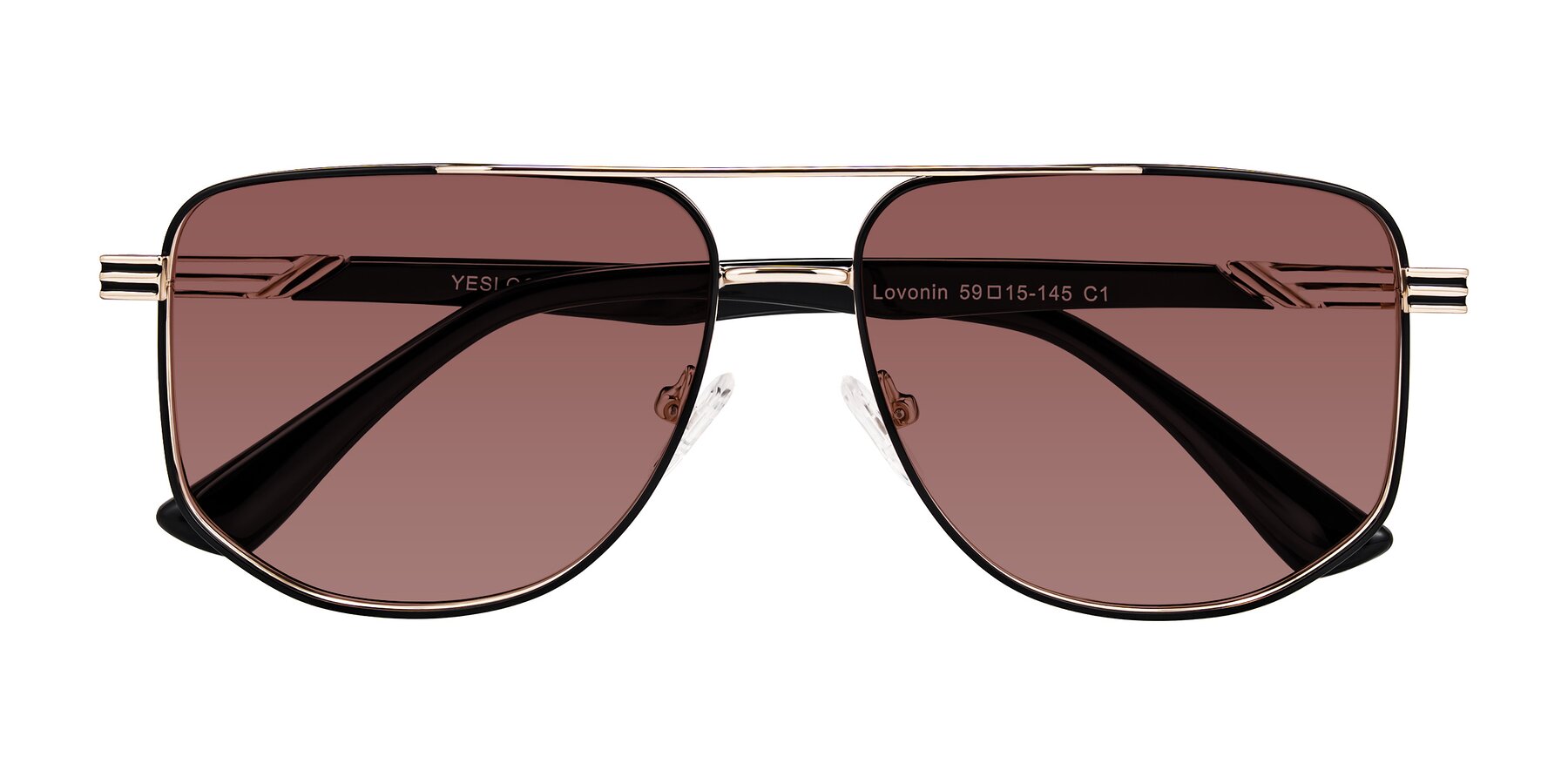 Folded Front of Lovonin in Gold/Black with Garnet Tinted Lenses