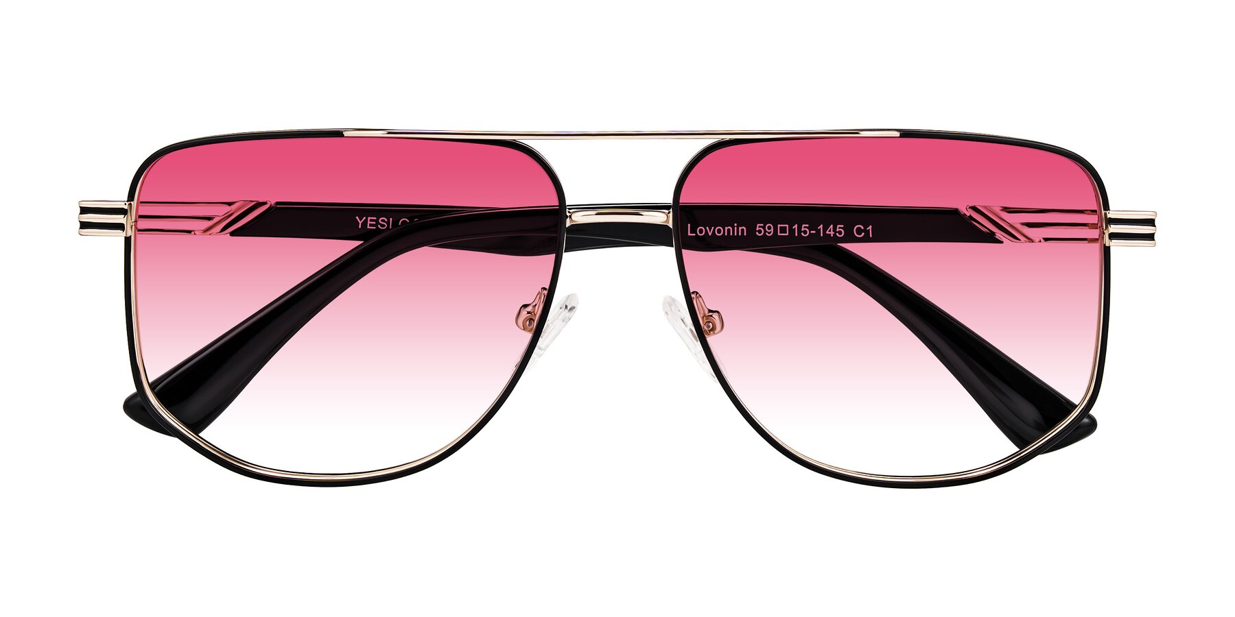 Folded Front of Lovonin in Gold/Black with Pink Gradient Lenses