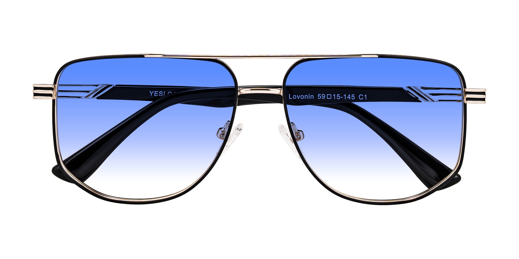 Folded Front of Lovonin in Gold/Black with Blue Gradient Lenses