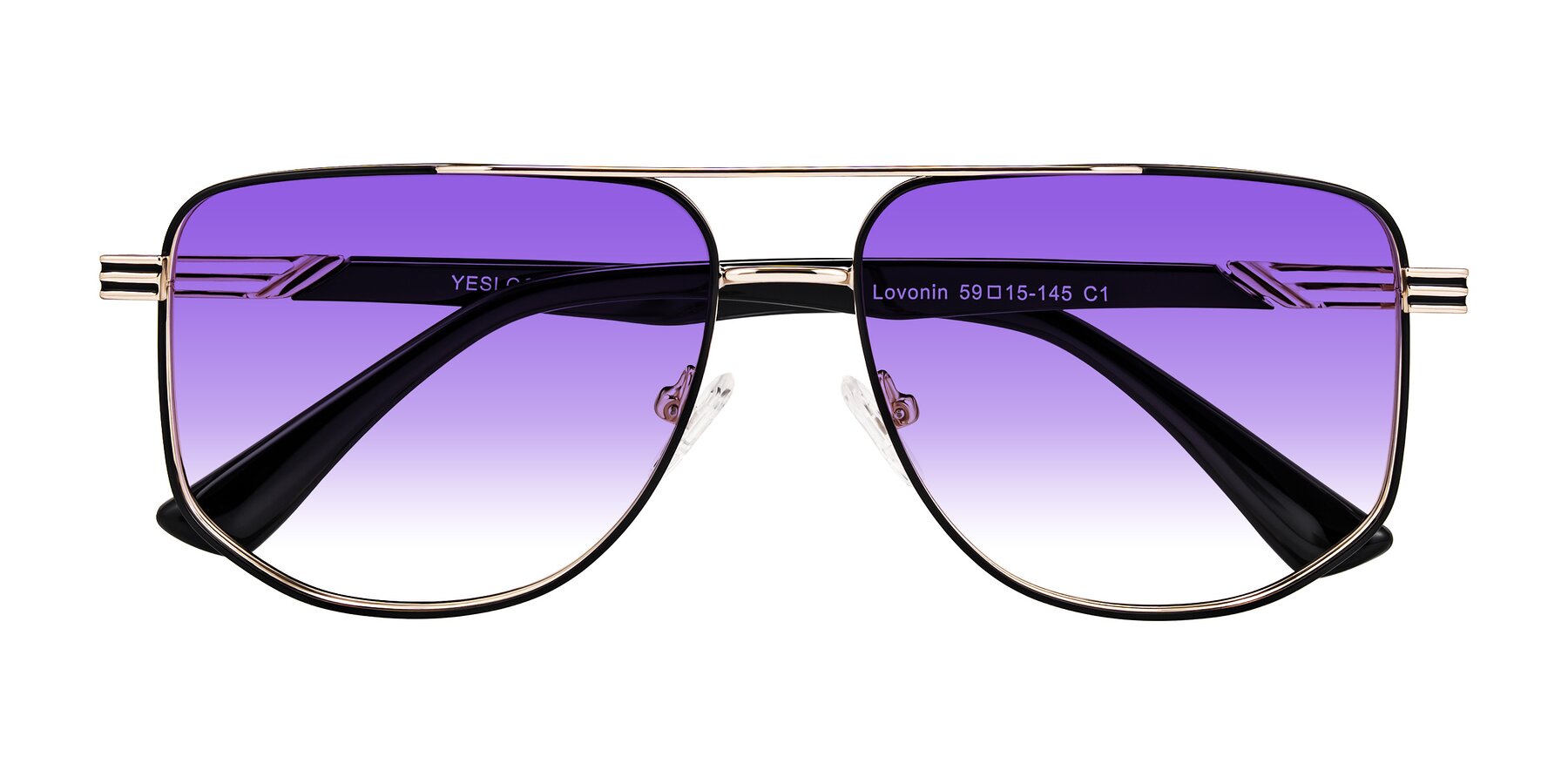 Folded Front of Lovonin in Gold/Black with Purple Gradient Lenses