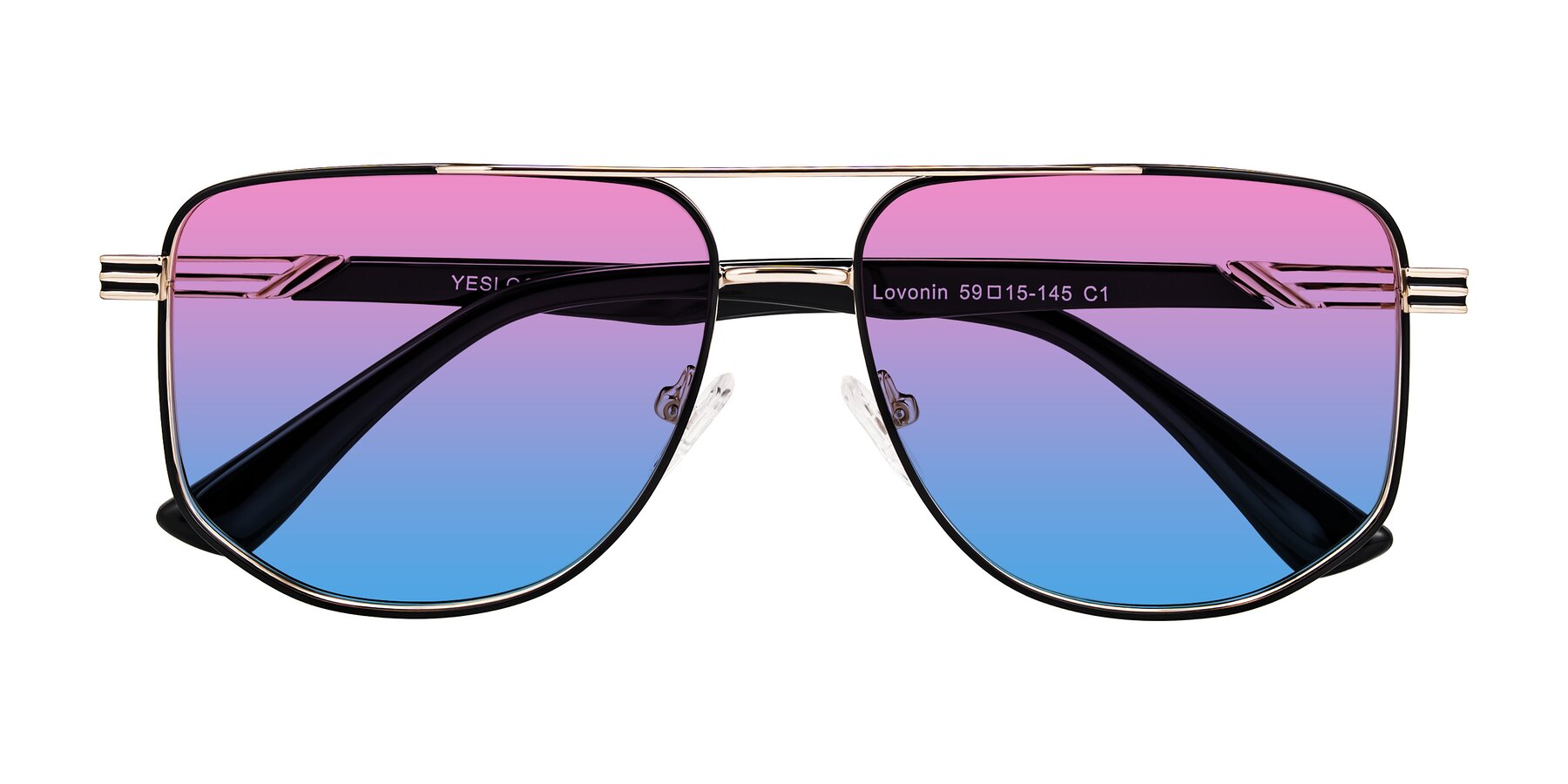 Folded Front of Lovonin in Gold/Black with Pink / Blue Gradient Lenses