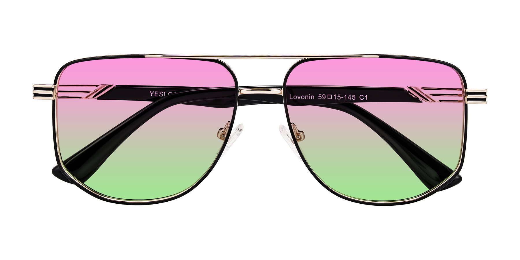 Folded Front of Lovonin in Gold/Black with Pink / Green Gradient Lenses