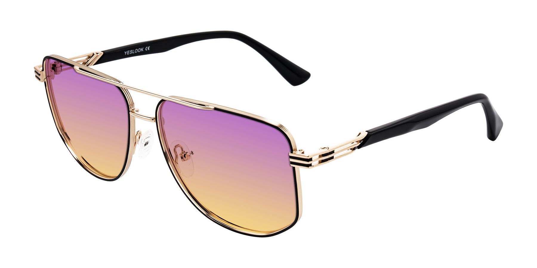 Angle of Lovonin in Gold/Black with Purple / Yellow Gradient Lenses