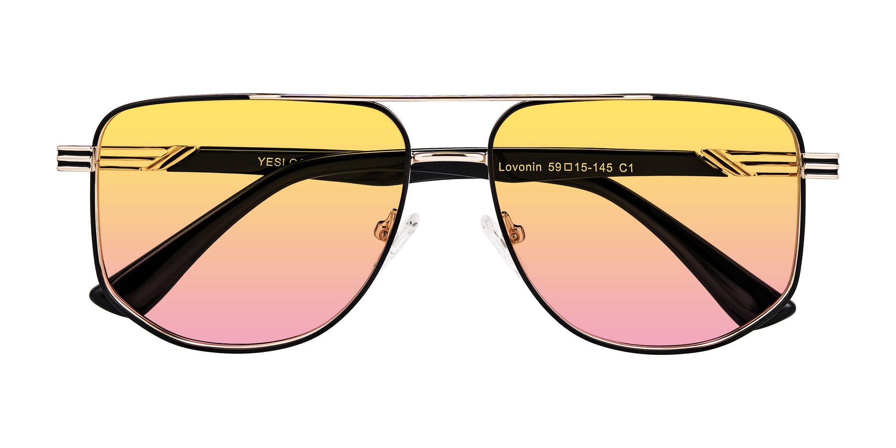 Folded Front of Lovonin in Gold/Black with Yellow / Pink Gradient Lenses
