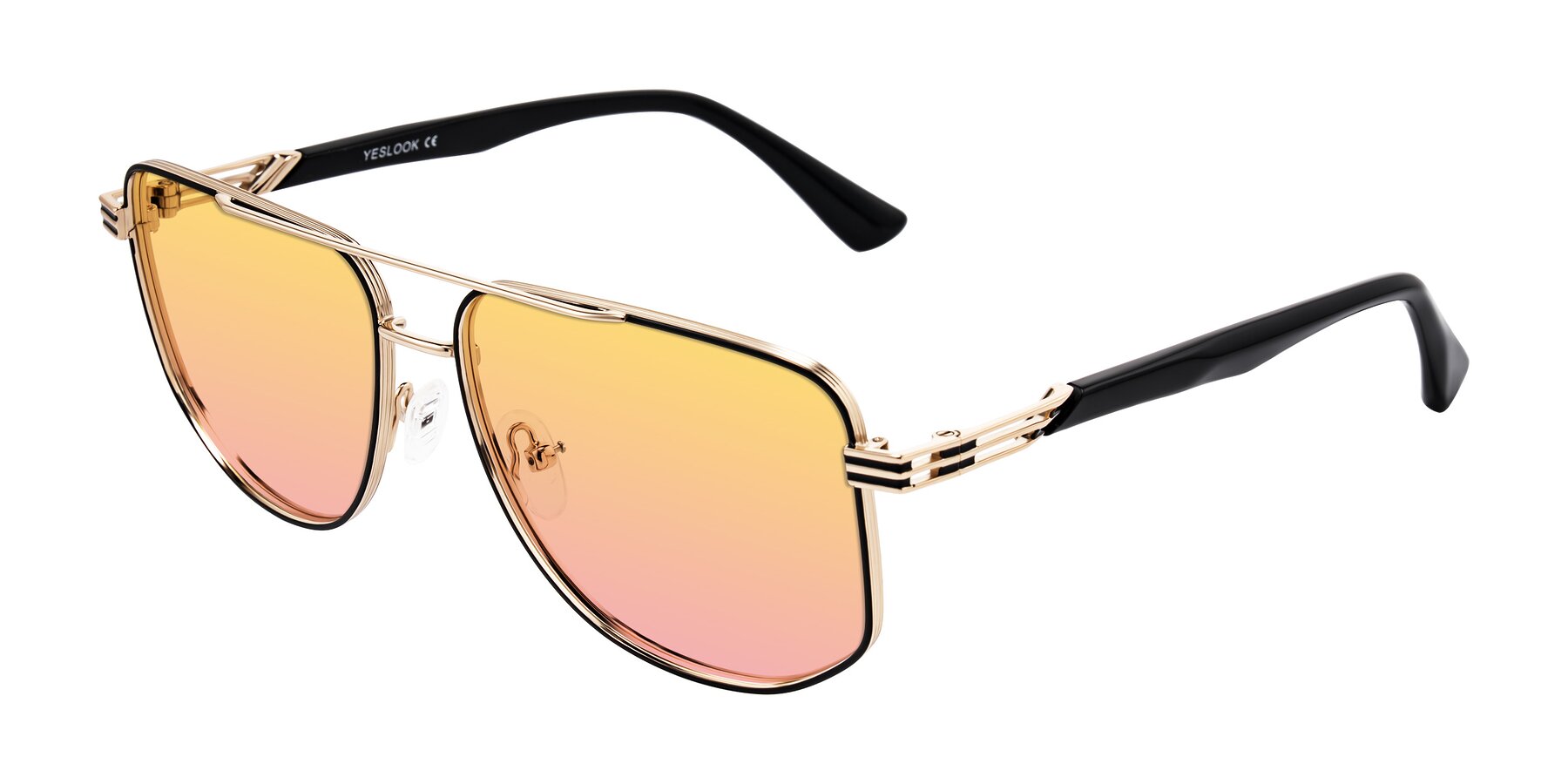 Angle of Lovonin in Gold/Black with Yellow / Pink Gradient Lenses