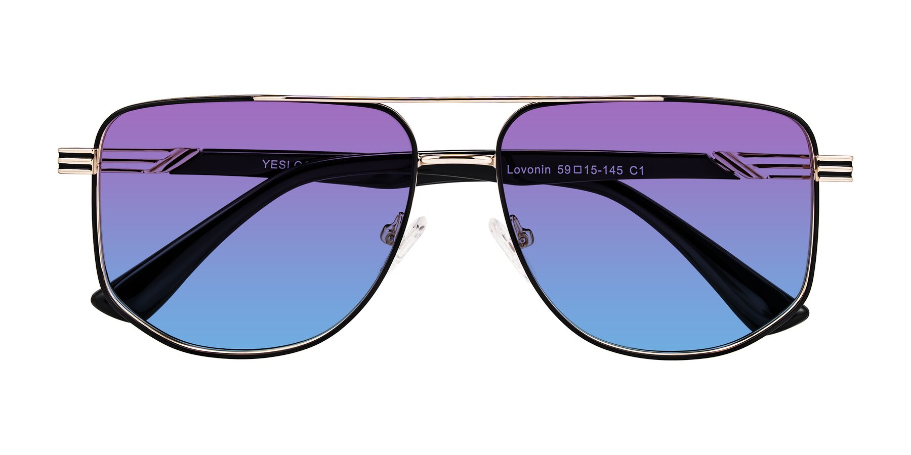 Folded Front of Lovonin in Gold/Black with Purple / Blue Gradient Lenses