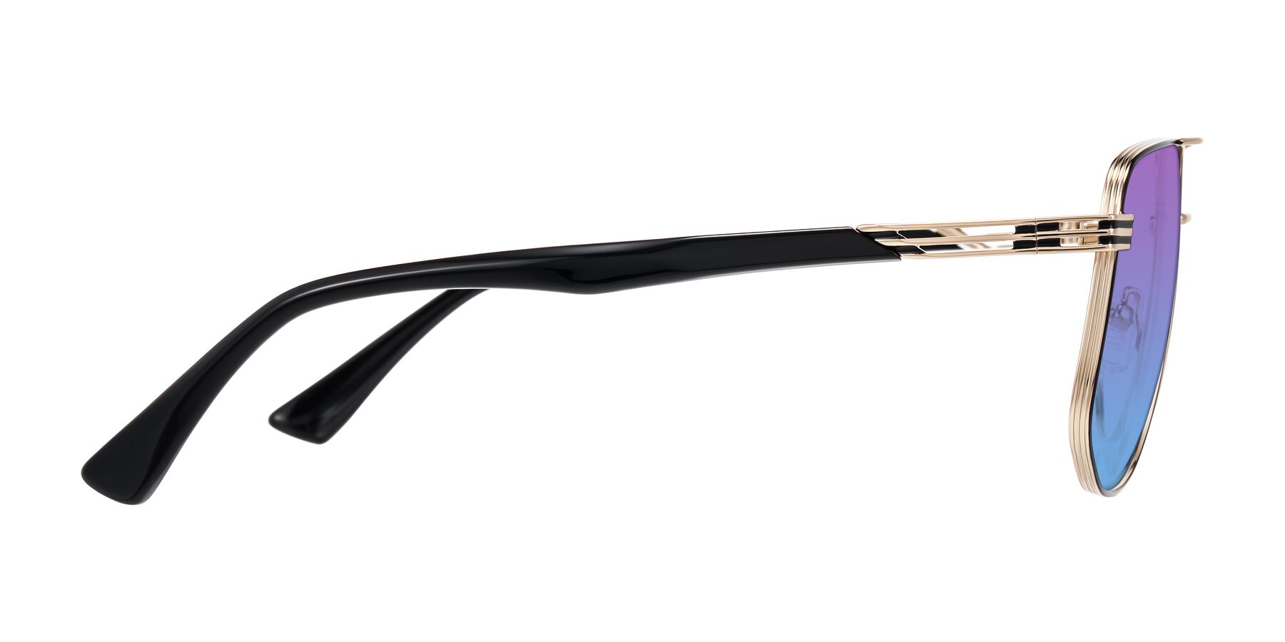 Side of Lovonin in Gold/Black with Purple / Blue Gradient Lenses