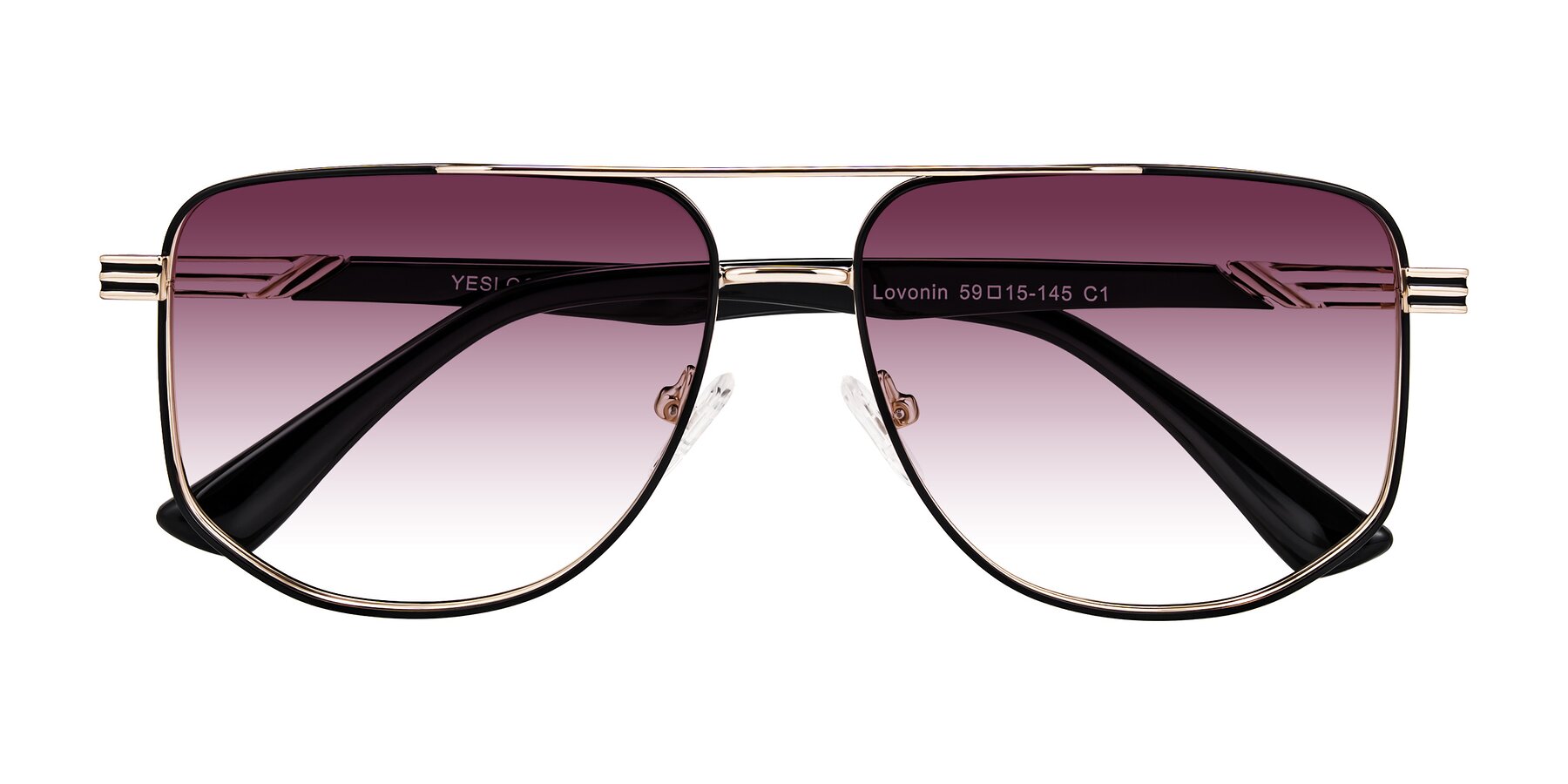 Folded Front of Lovonin in Gold/Black with Wine Gradient Lenses