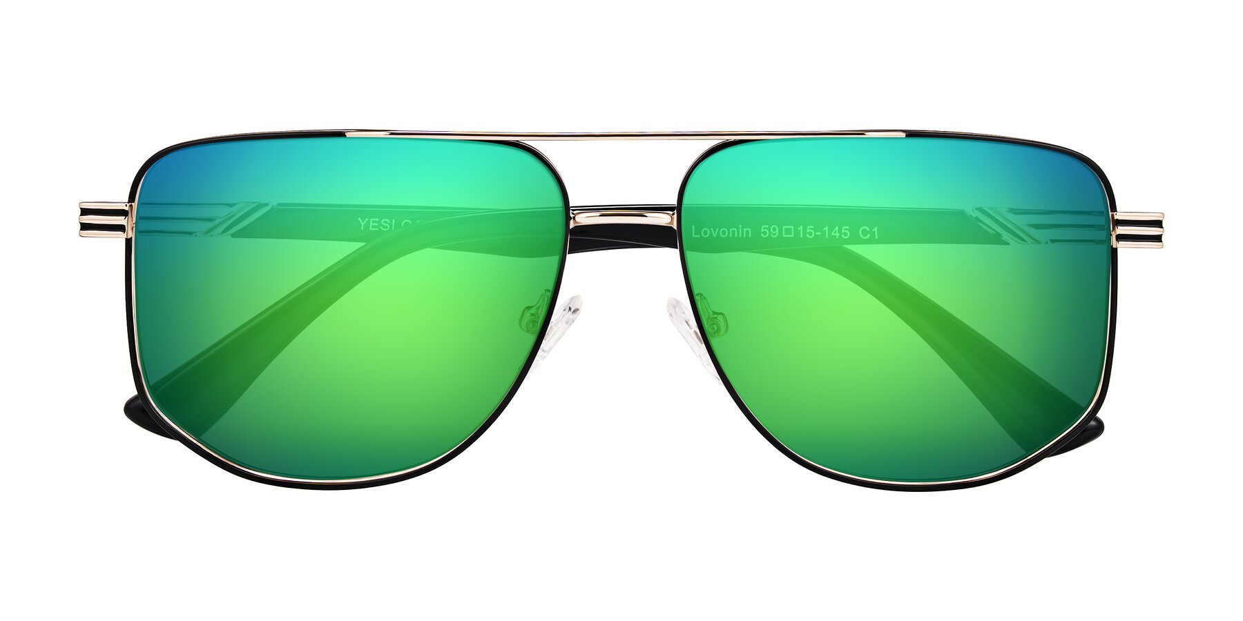 Folded Front of Lovonin in Gold/Black with Green Mirrored Lenses