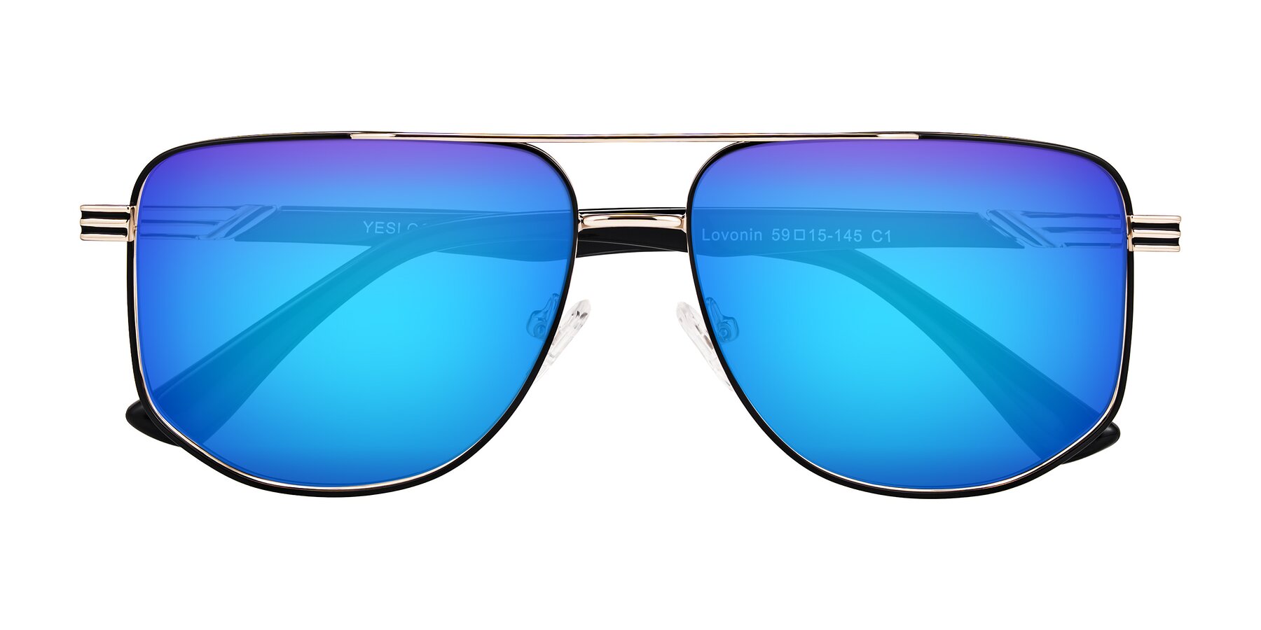 Folded Front of Lovonin in Gold/Black with Blue Mirrored Lenses