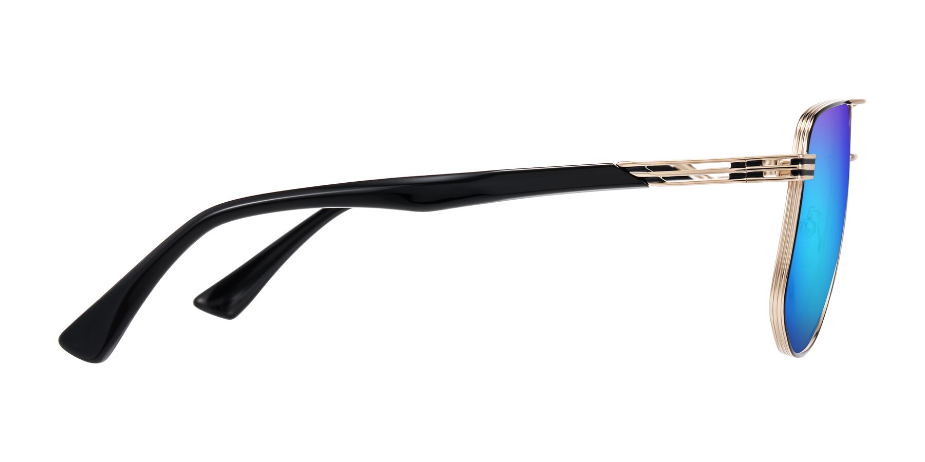 Side of Lovonin in Gold/Black with Blue Mirrored Lenses