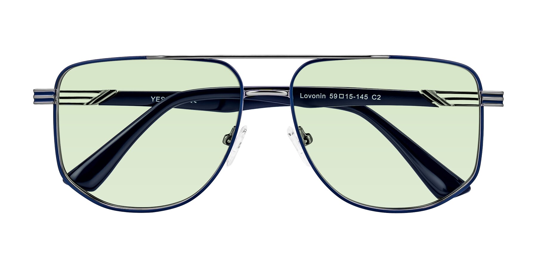 Folded Front of Lovonin in Gunmetal/Blue with Light Green Tinted Lenses