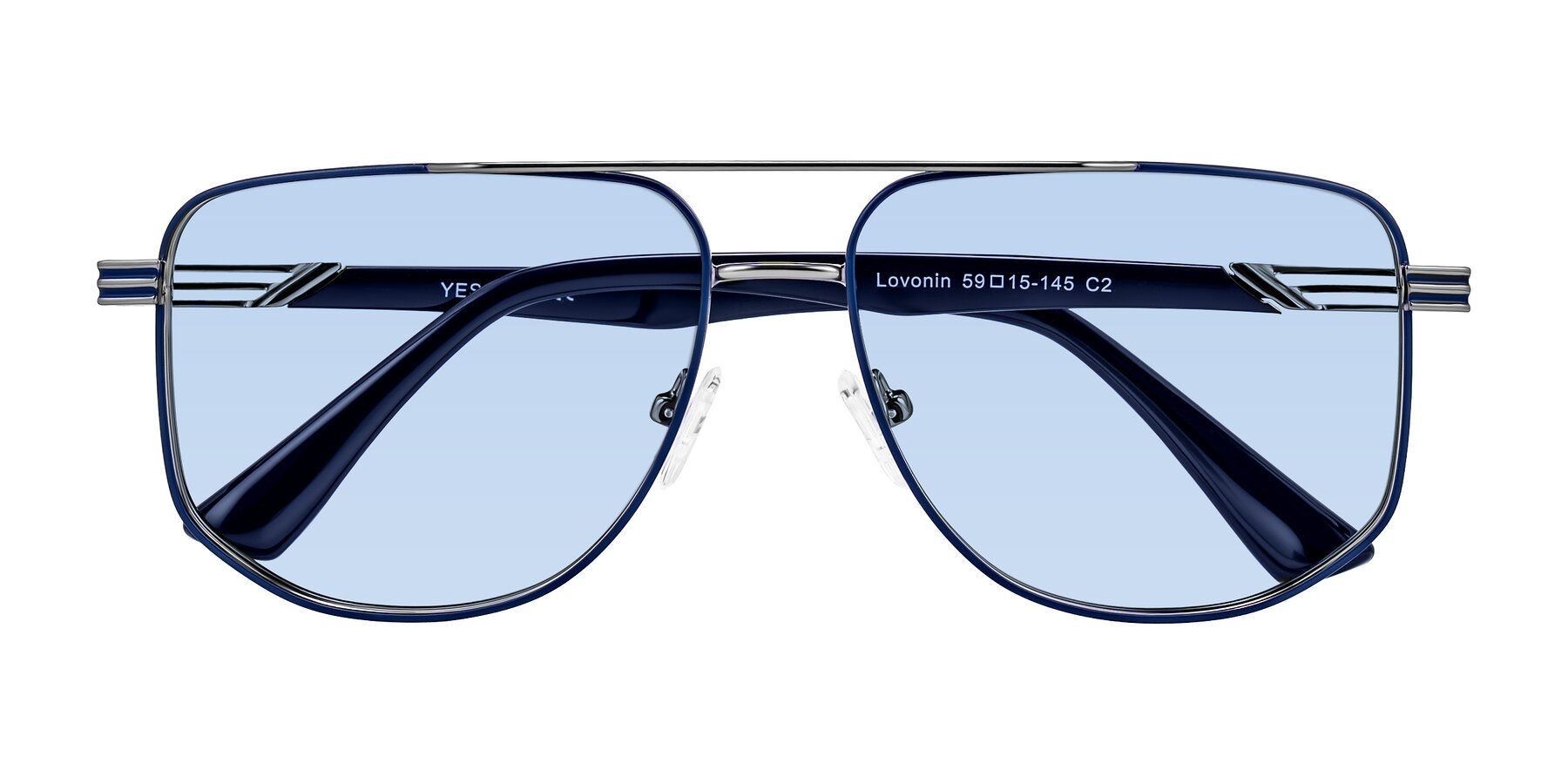 Folded Front of Lovonin in Gunmetal/Blue with Light Blue Tinted Lenses